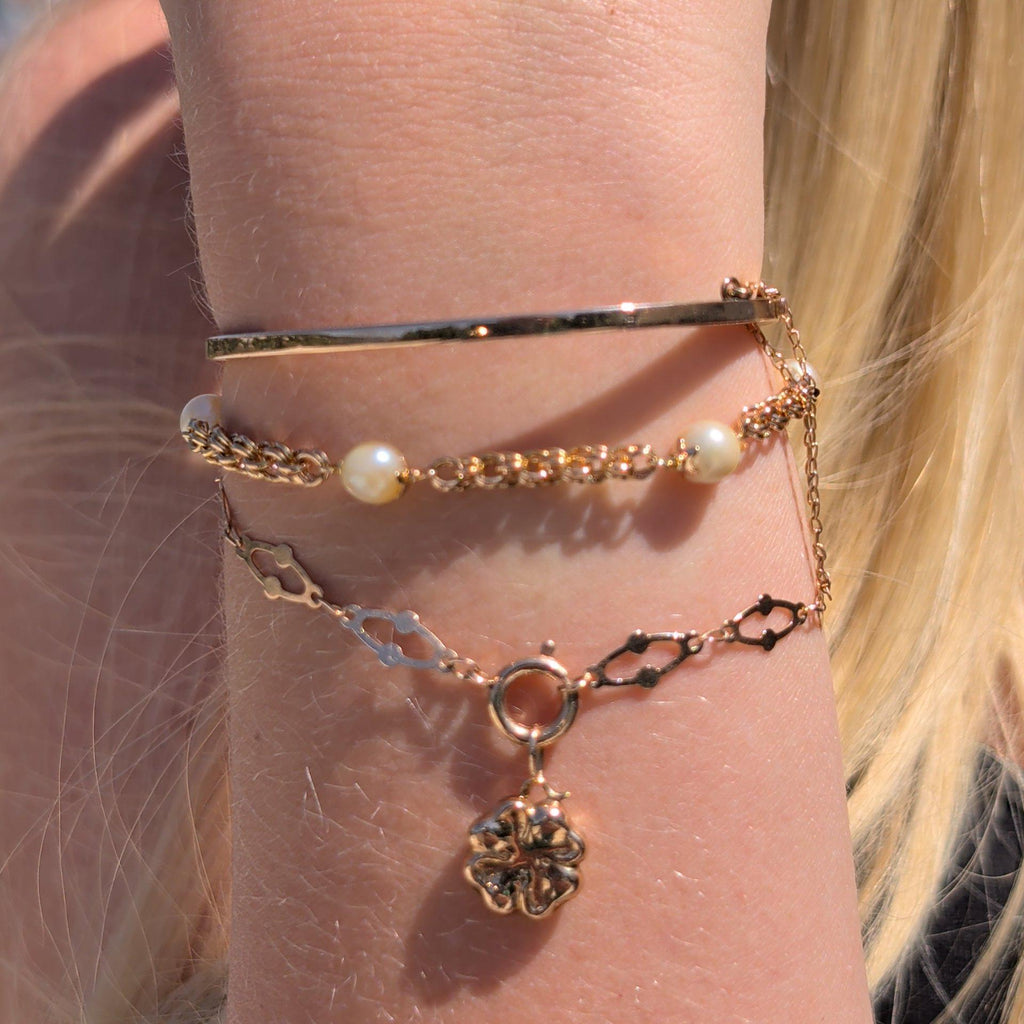 Art Nouveau Link Bracelet 14k Yellow Rose Gold Antique 1900s Four Leaf Clover Charm Bracelet Dainty Lucky Jewelry Gift HTS 9706 US duty free