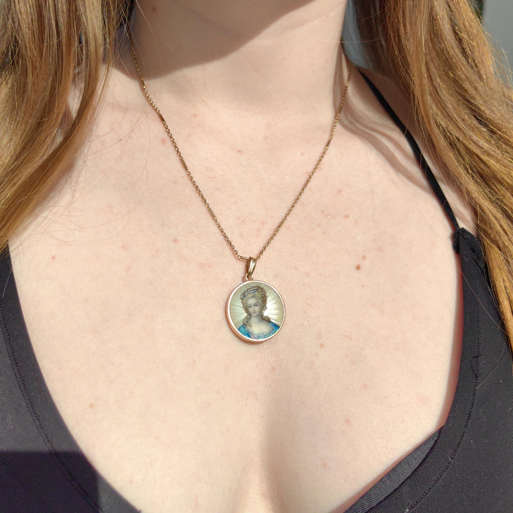 1920s 18k Gold Fire Enamel Portrait Pendant: Aristocratic Woman Miniature