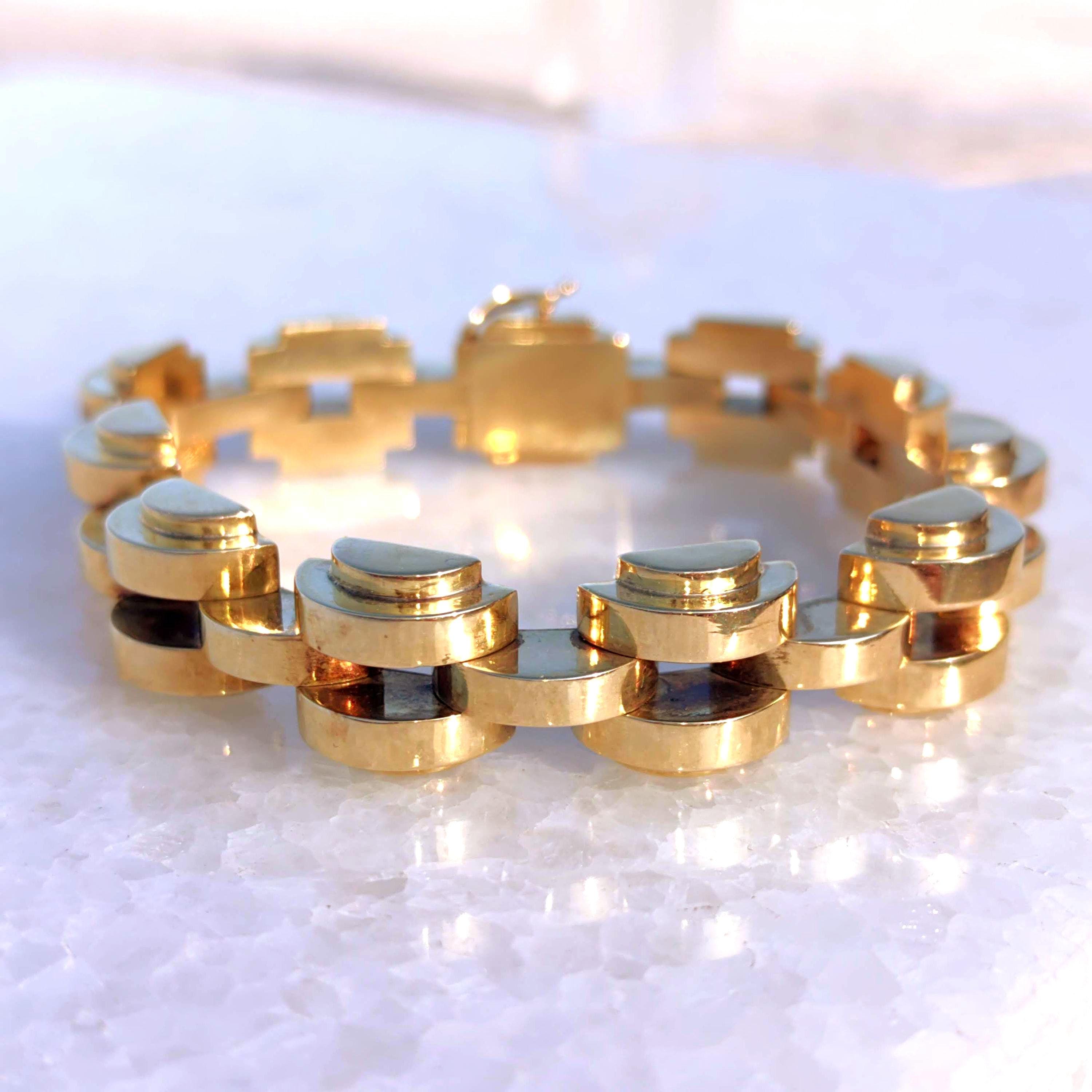 Art Deco 14k Gold Geometric Link Bracelet - 21cm Handmade Statement
