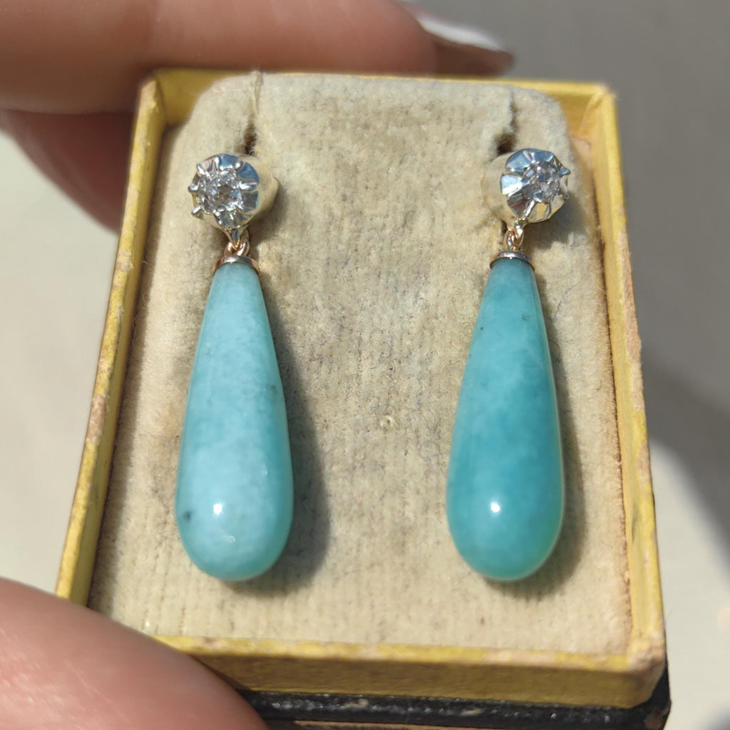Victorian 1880s Blue Amazonite Diamond Solid 14k Gold Dangle Drop Statement Earrings Rose Cut Diamond Gift for Her Present