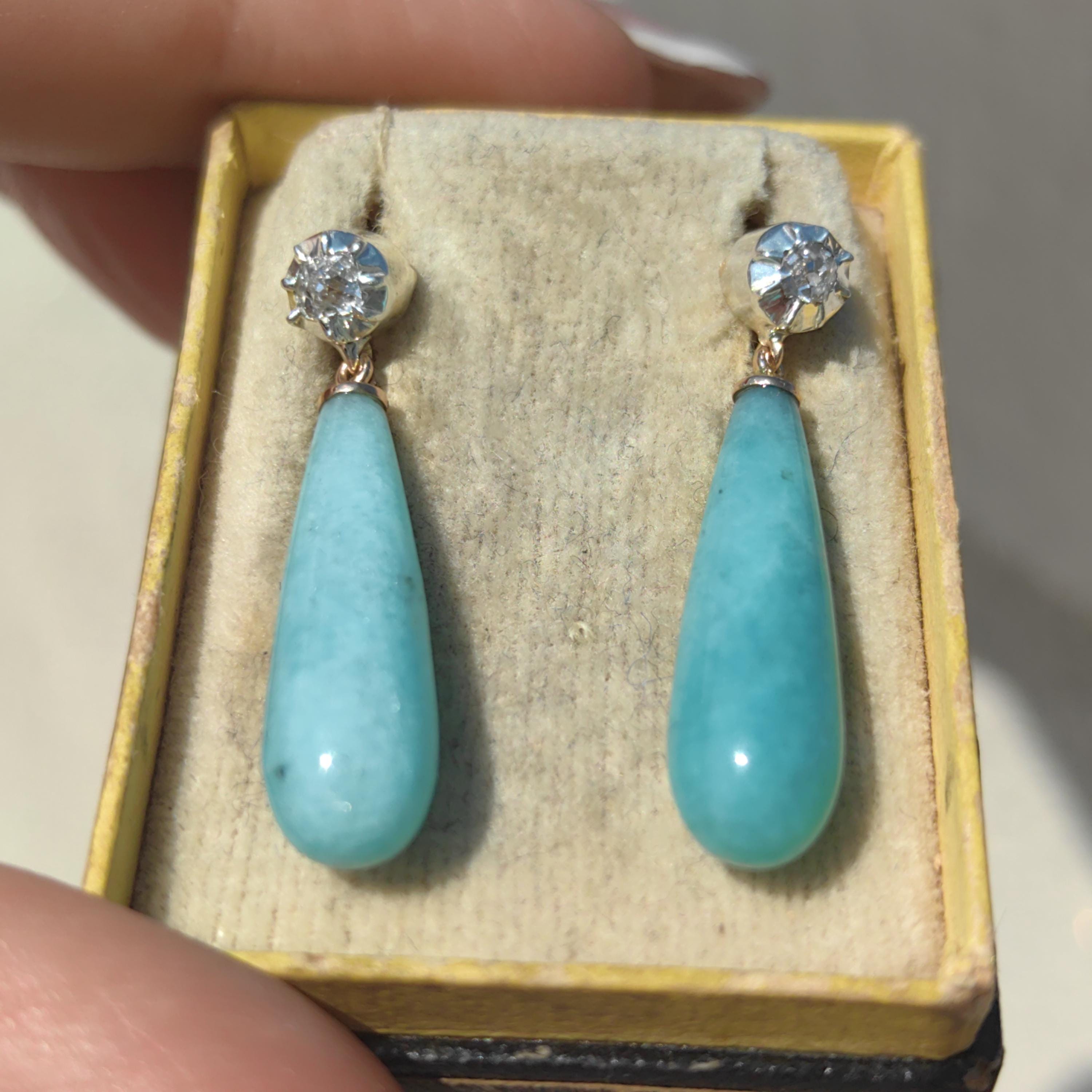 Victorian 1880s Blue Amazonite Diamond Solid 14k Gold Dangle Drop Statement Earrings Rose Cut Diamond Gift for Her Present