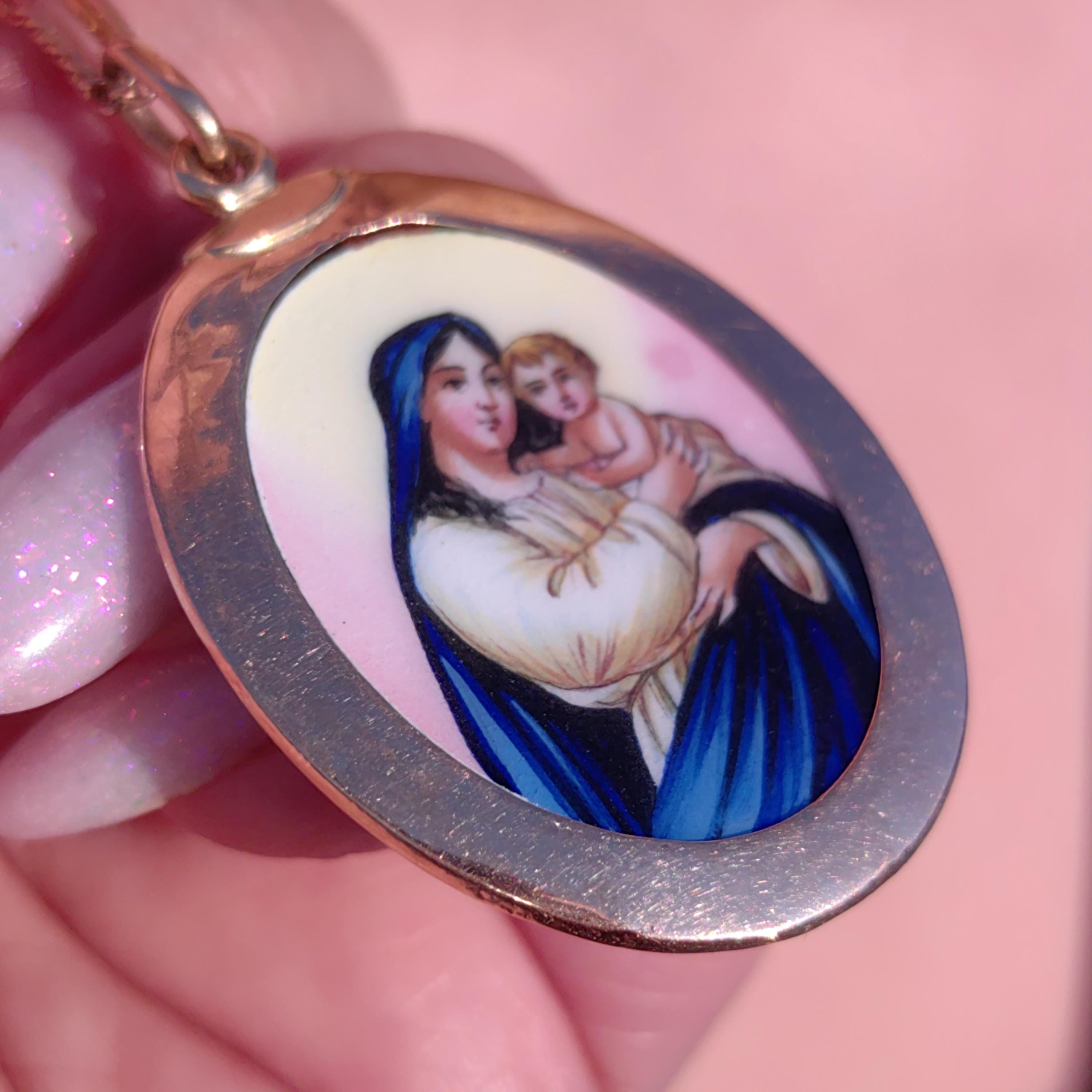 Antique 14k Gold Virgin Mary Pendant: Hand-Painted Enamel Art Nouveau