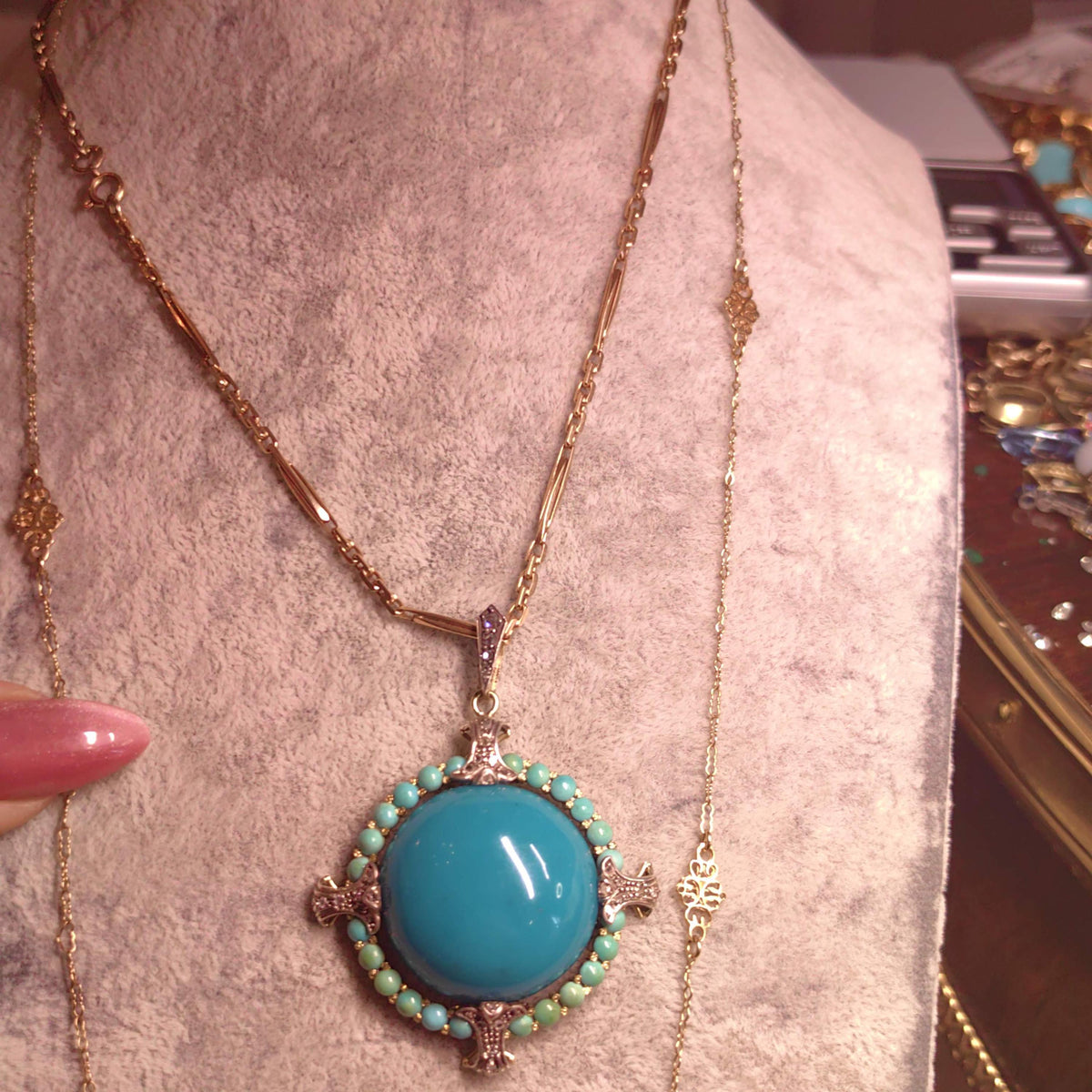 1930s Art Deco Natural Blue Turquoise Pendant 18k Solid Yellow Gold Rose Diamond Statement Pendant Charm Gift for Her Present