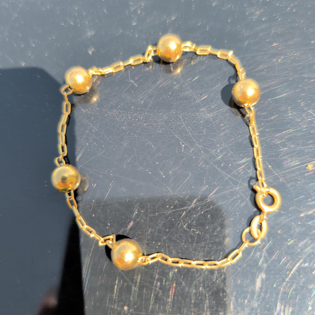 18k Solid Yellow Gold Link Ball Chain Bracelet, Hallmarked Handmade beads bracelet, Vintage Antique Style Unisex Gift Bracelet, 20cm, 3 gr