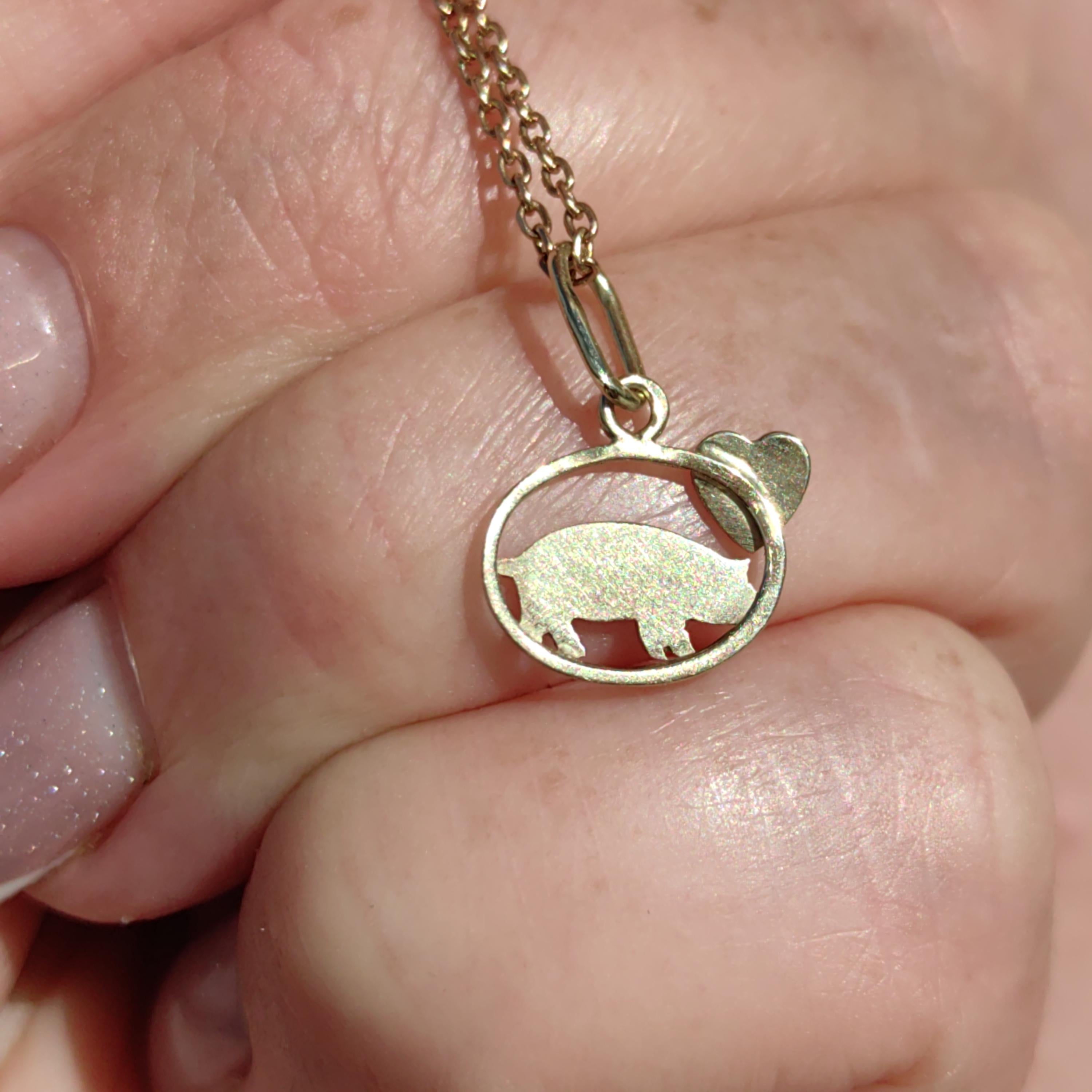 14k Gold Fire Enamel Pig Pendant: Art Nouveau Farm Charm