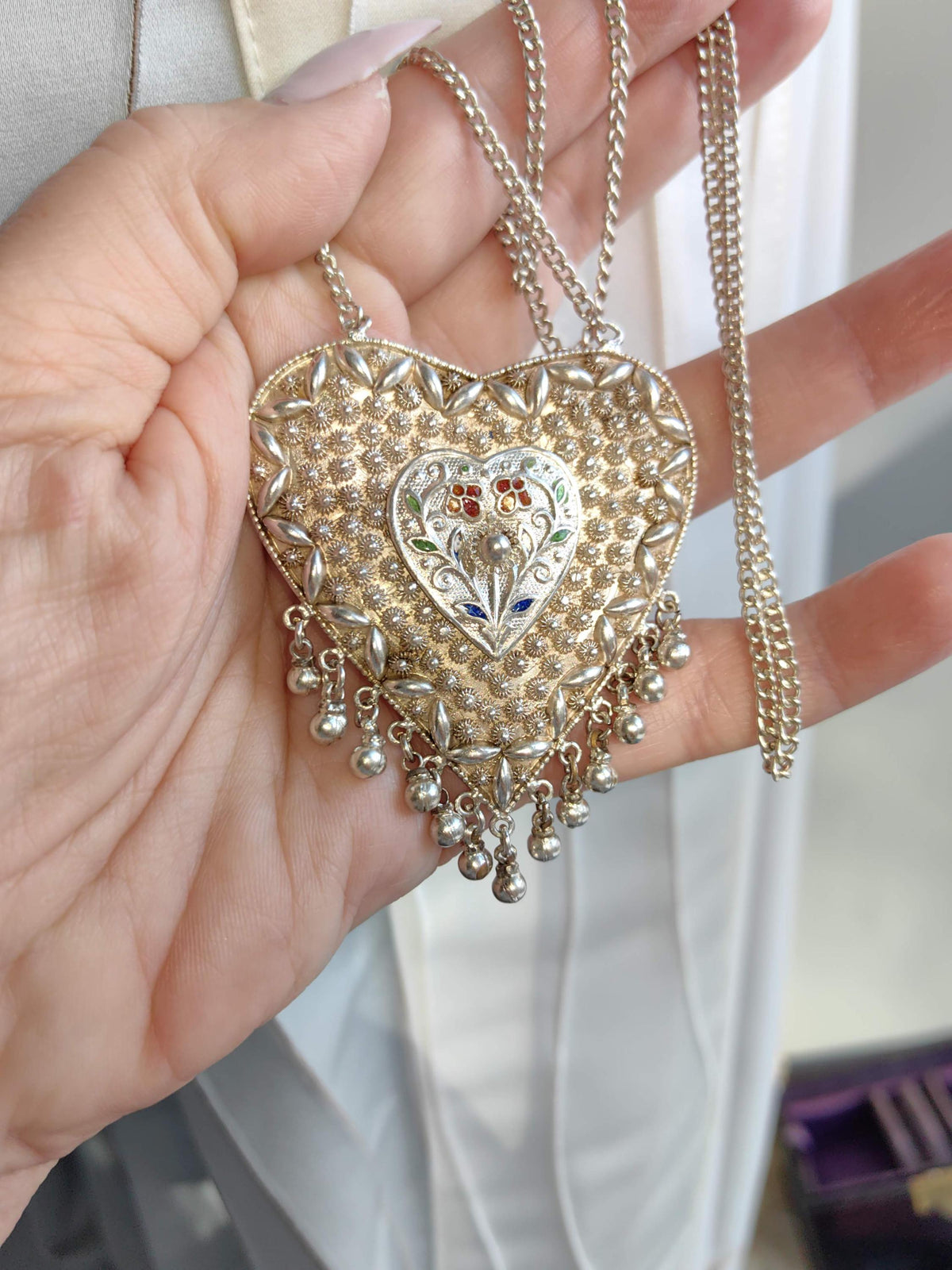 Art Deco Silver Heart Pendant Necklace: Filigree Enamel, Long Chain