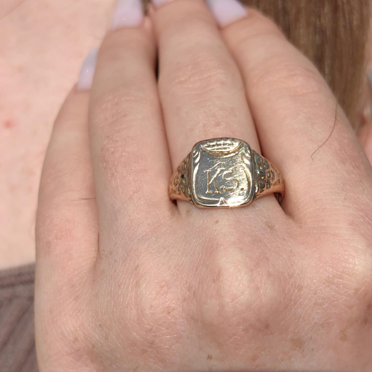 14k Yellow Gold Antique Signet Ring: Crown & KS Initials, Size 11