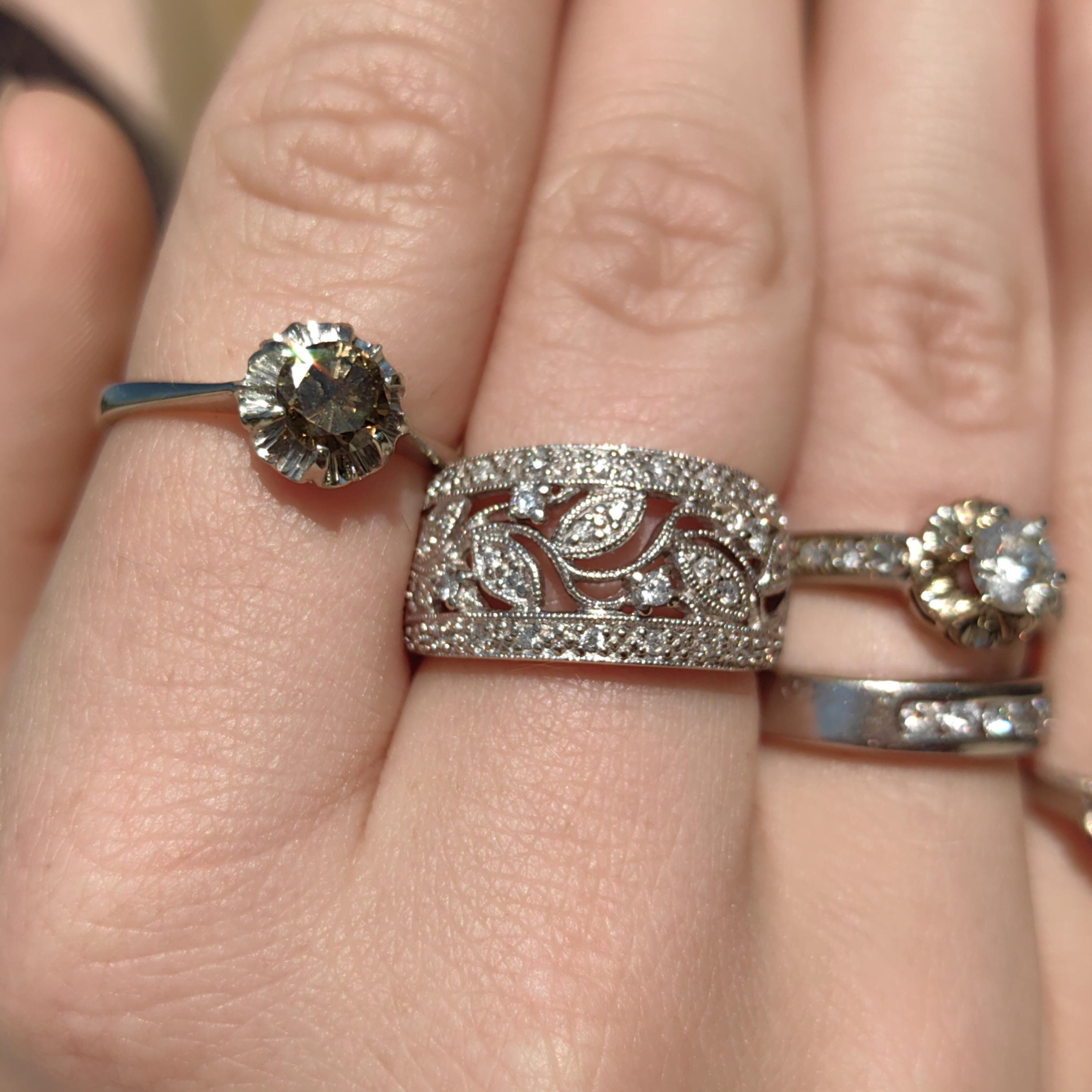 Diamond Floral Wedding Band: 14k White Gold Leaf Filigree Ring