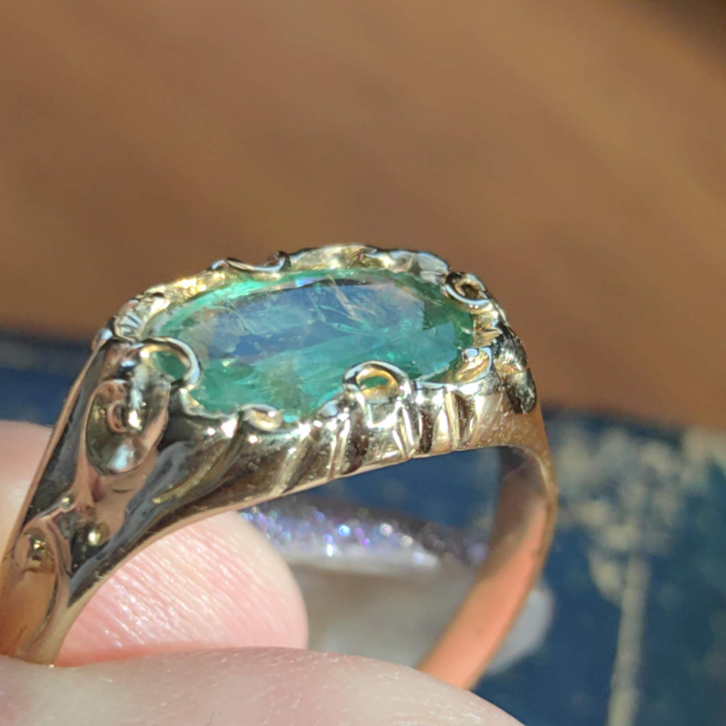 Victorian Natural Emerald  18k Solid Yellow Gold Hallmarked Antique  1880s Band Solitaire Statement Ring US Duty Free HTS 9706