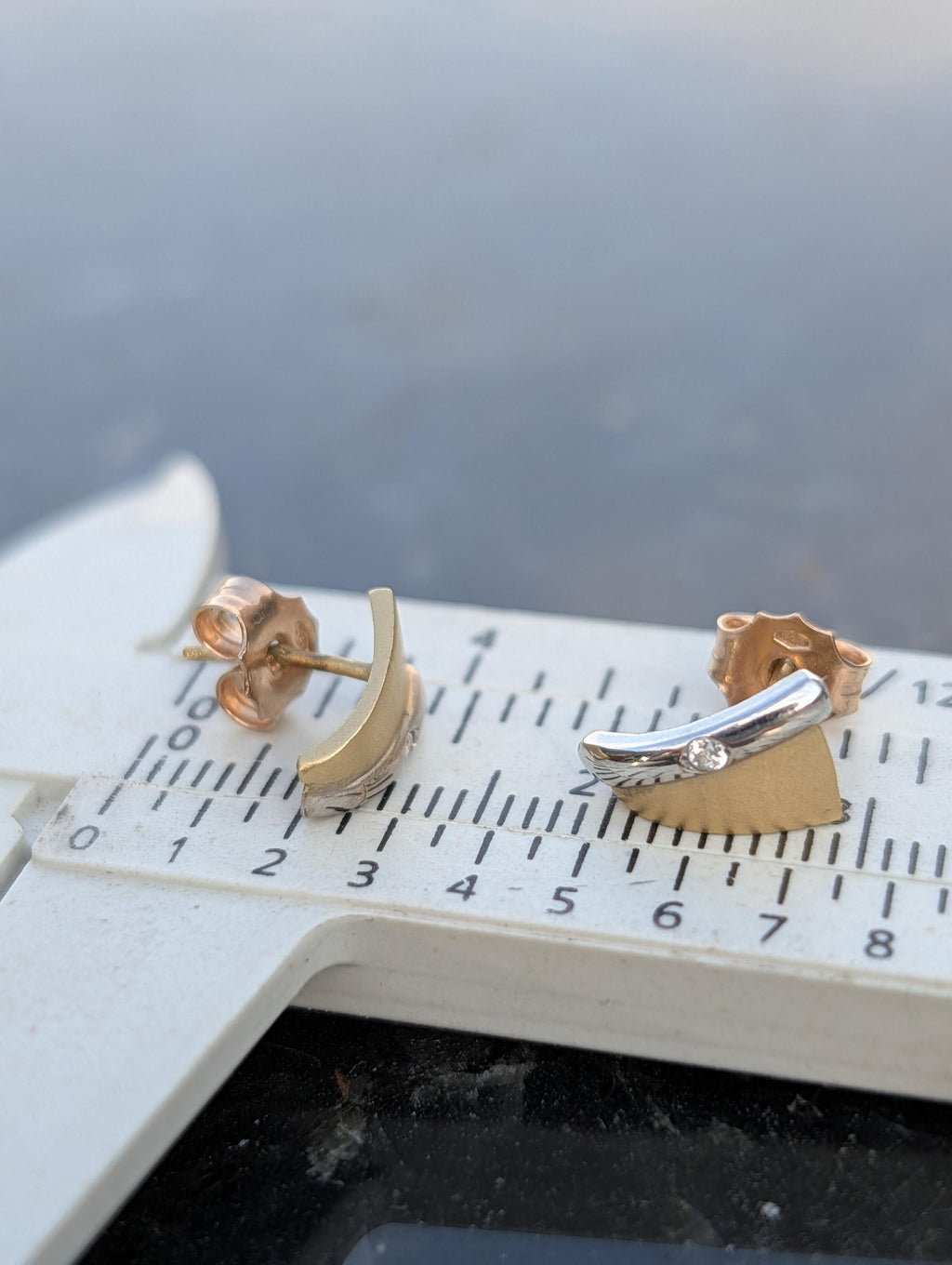 14k Yellow & White Gold Diamond Triangle Stud Earrings – Geometric Dainty Jewelry