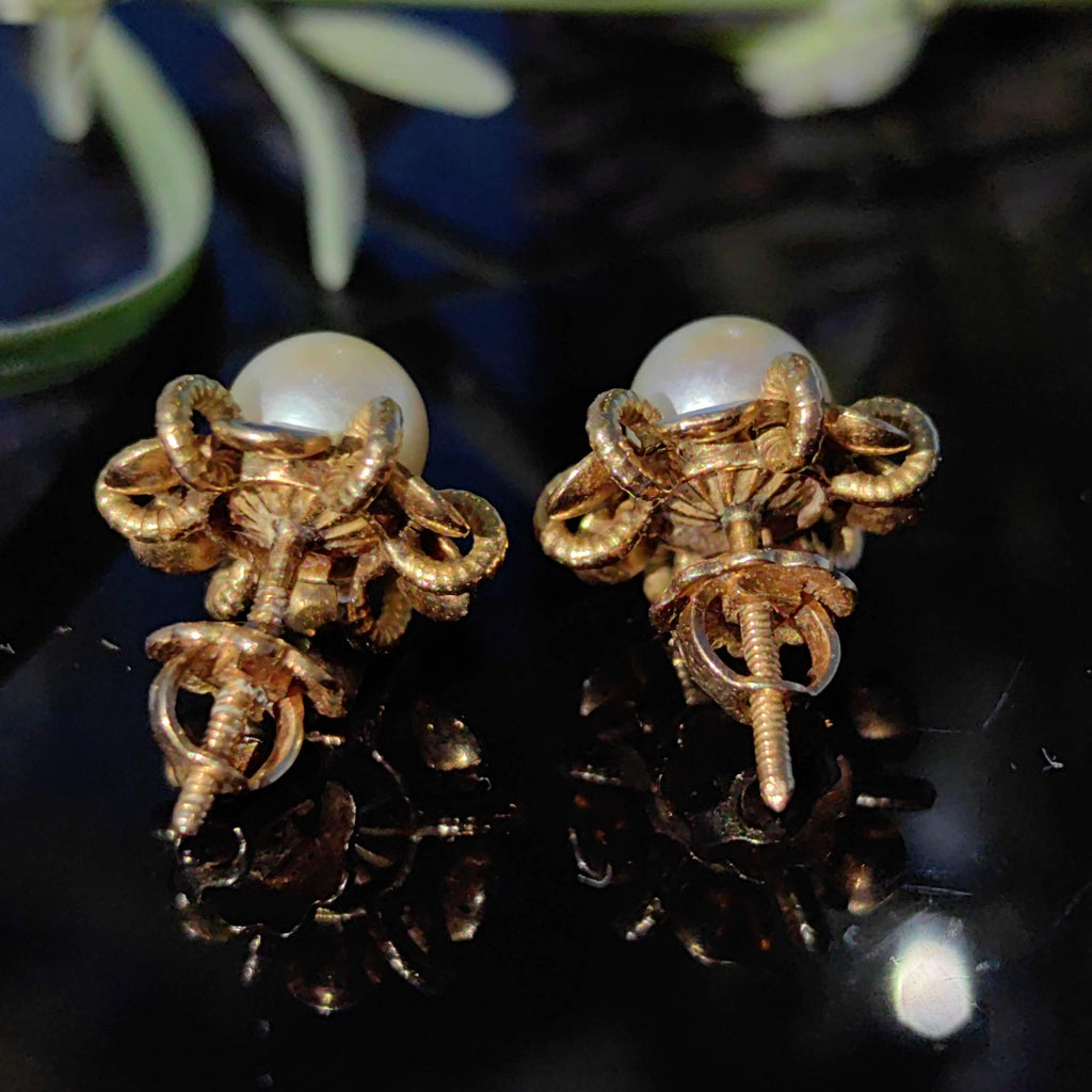Victorian 18k Gold Pearl Earrings: Enamel Flower Studs