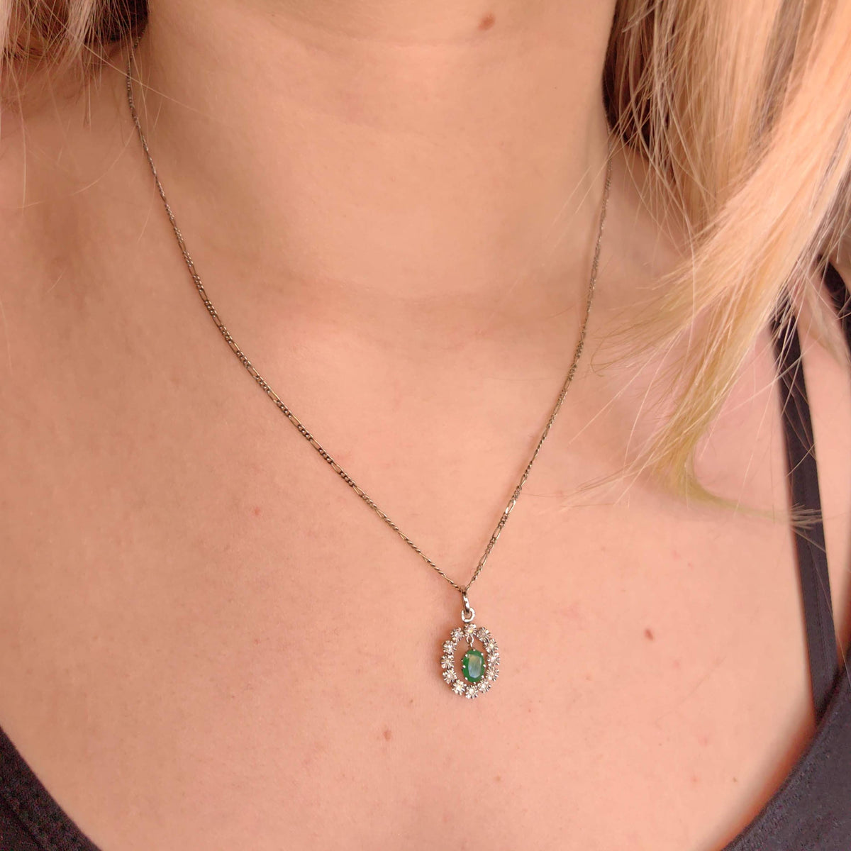 Natural Emerald and Diamond 14k Solid White Gold Dangle Charm Pendant Elegant Dainty Vintage Gift her Present