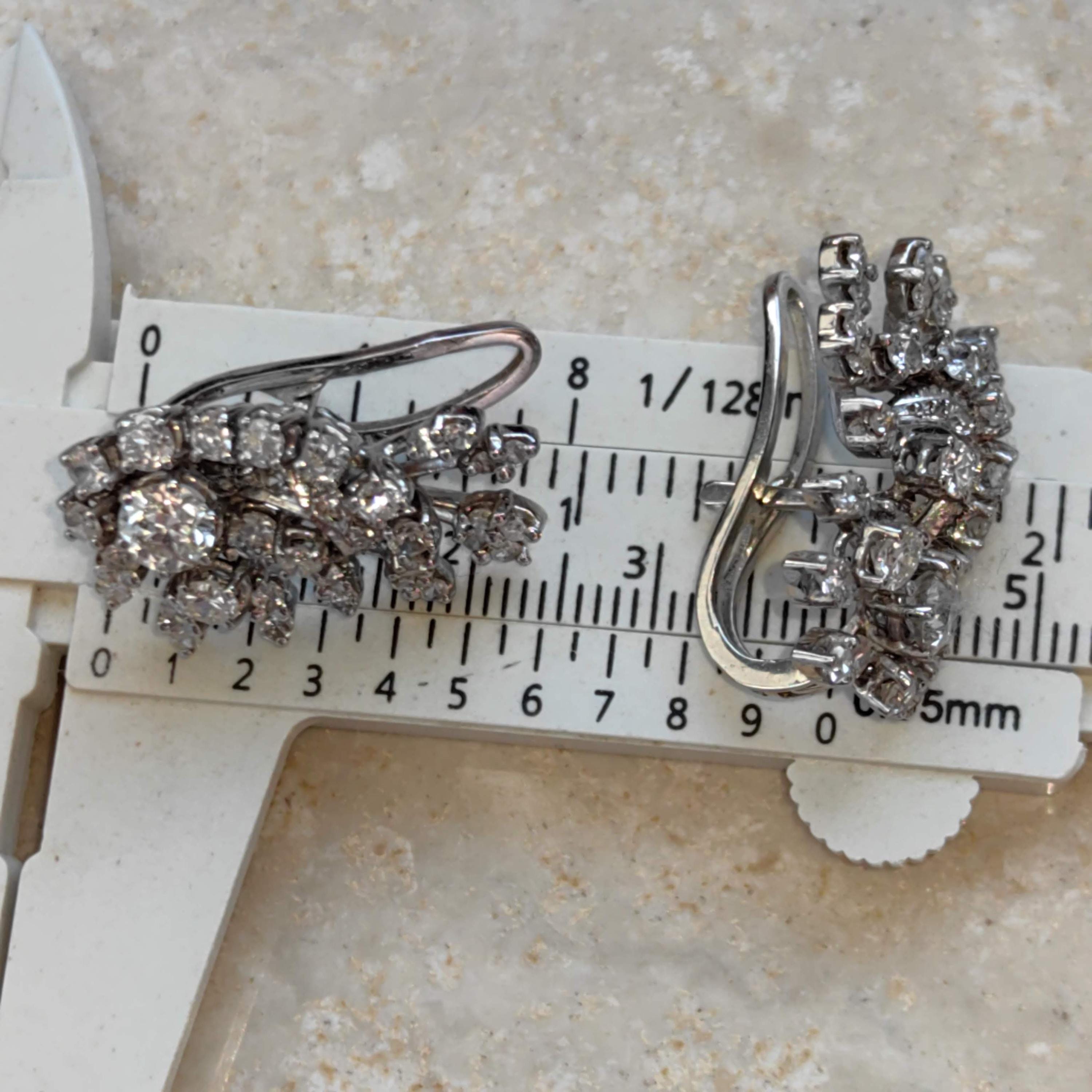 Late Art Deco 1940s Diamond Hallmarked 18k Solid White Gold Antique Wedding Elegant Drop Dangle statement Earrings Gift for Her Present