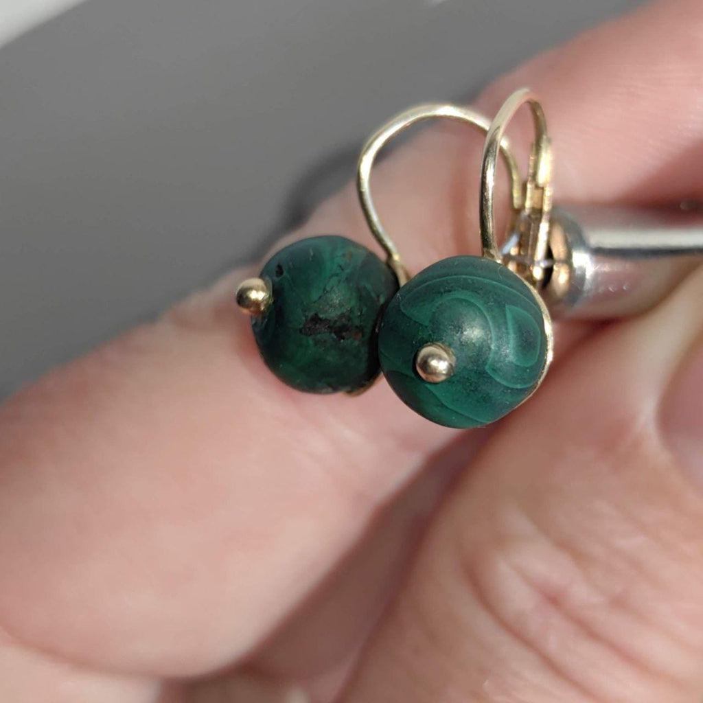 Antique 14k Gold Malachite Earrings: Art Nouveau Sleepers
