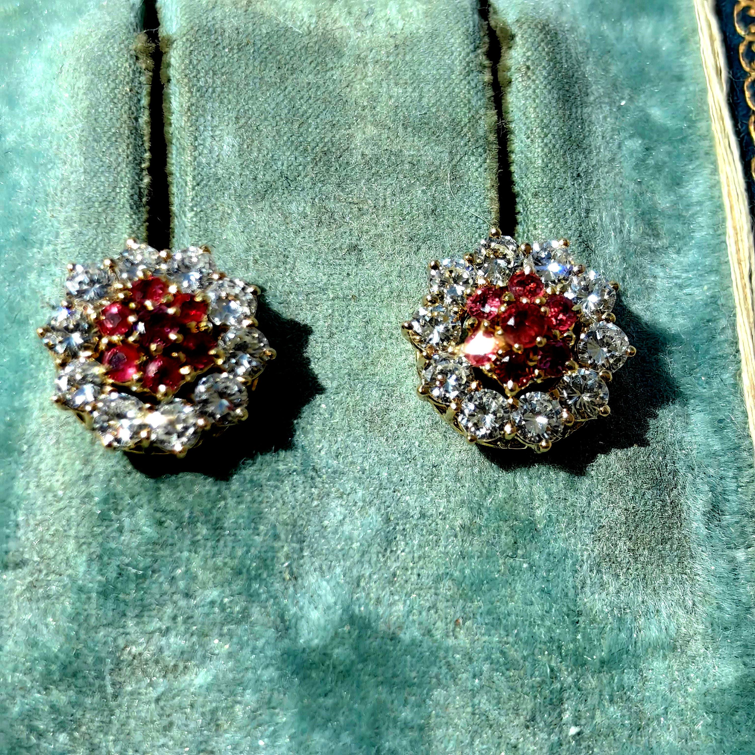 Vintage 18K Gold Floral Earrings: Ruby and Diamond Studs