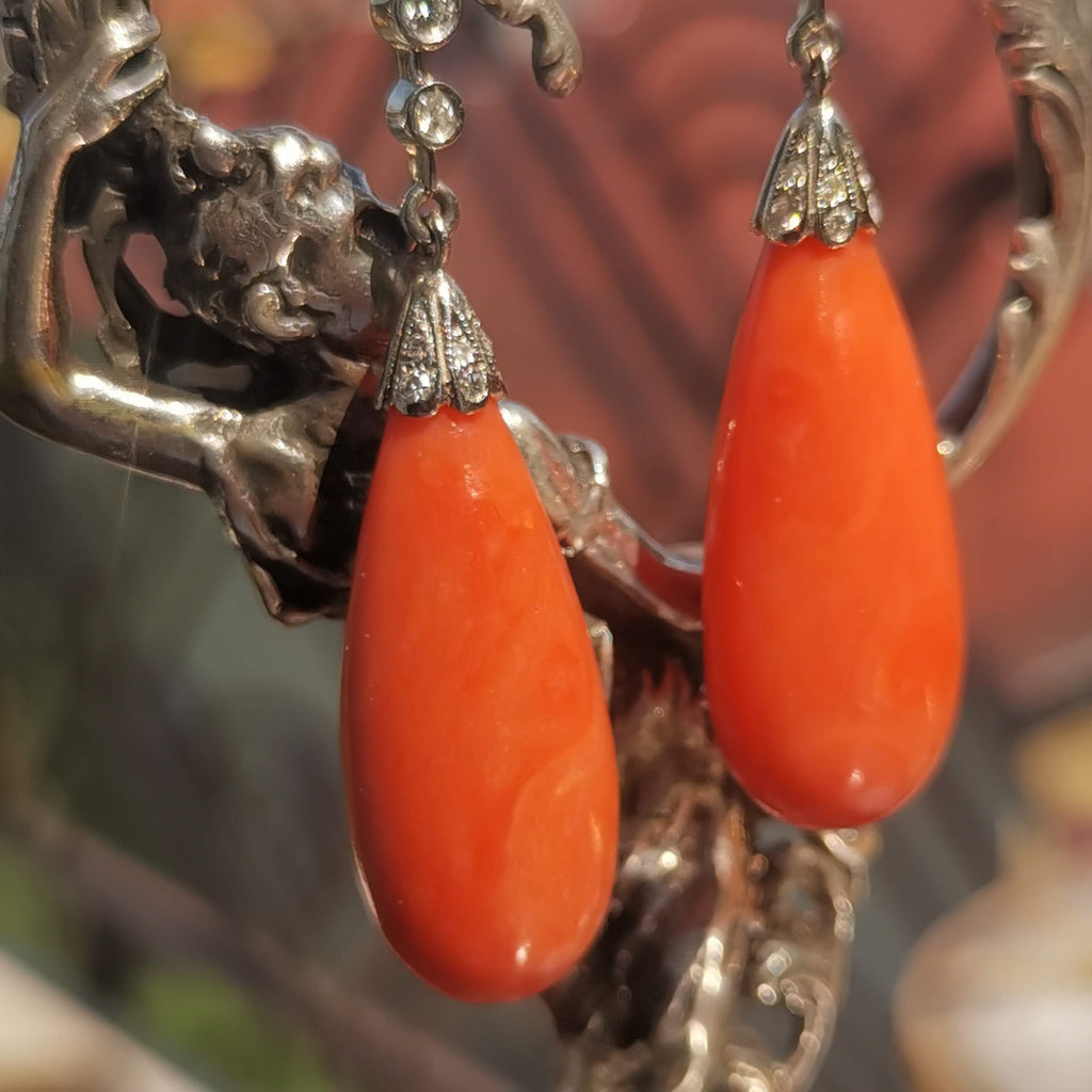 Edwardian Coral Diamond Dangle Earrings 14k Gold 1.3ct Antique 1910s Drop Earrings