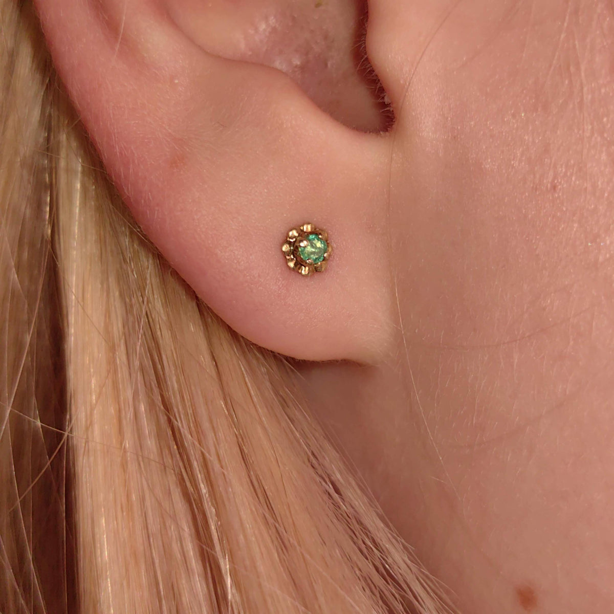 Victorian Natural Emerald 9k Yellow Gold  Floral Stud Tiny Earrings 1880s Vintage Dainty Gift for Her Present for girl Screw Back Closure.