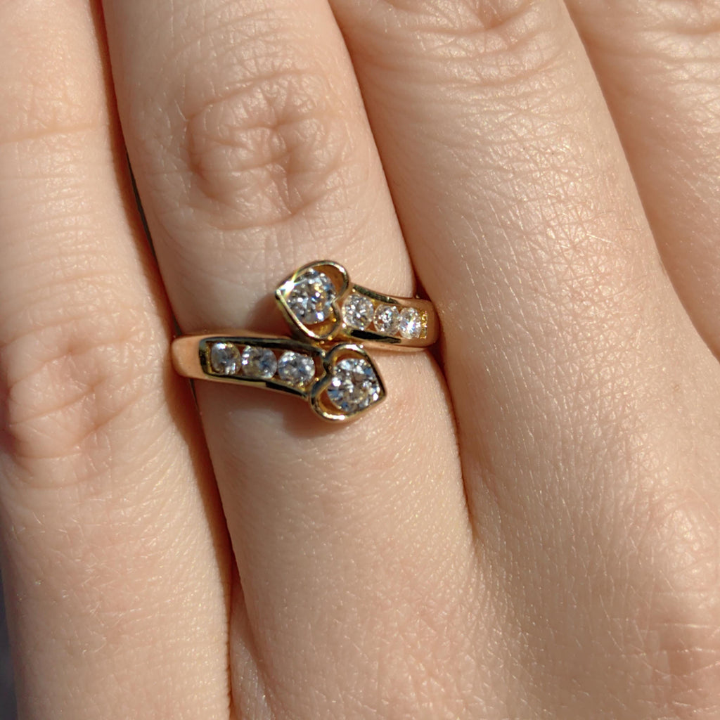 Vintage 0.64ct Diamond Ring: 21.6k Yellow Gold Two Heart Promise Ring, Size 6