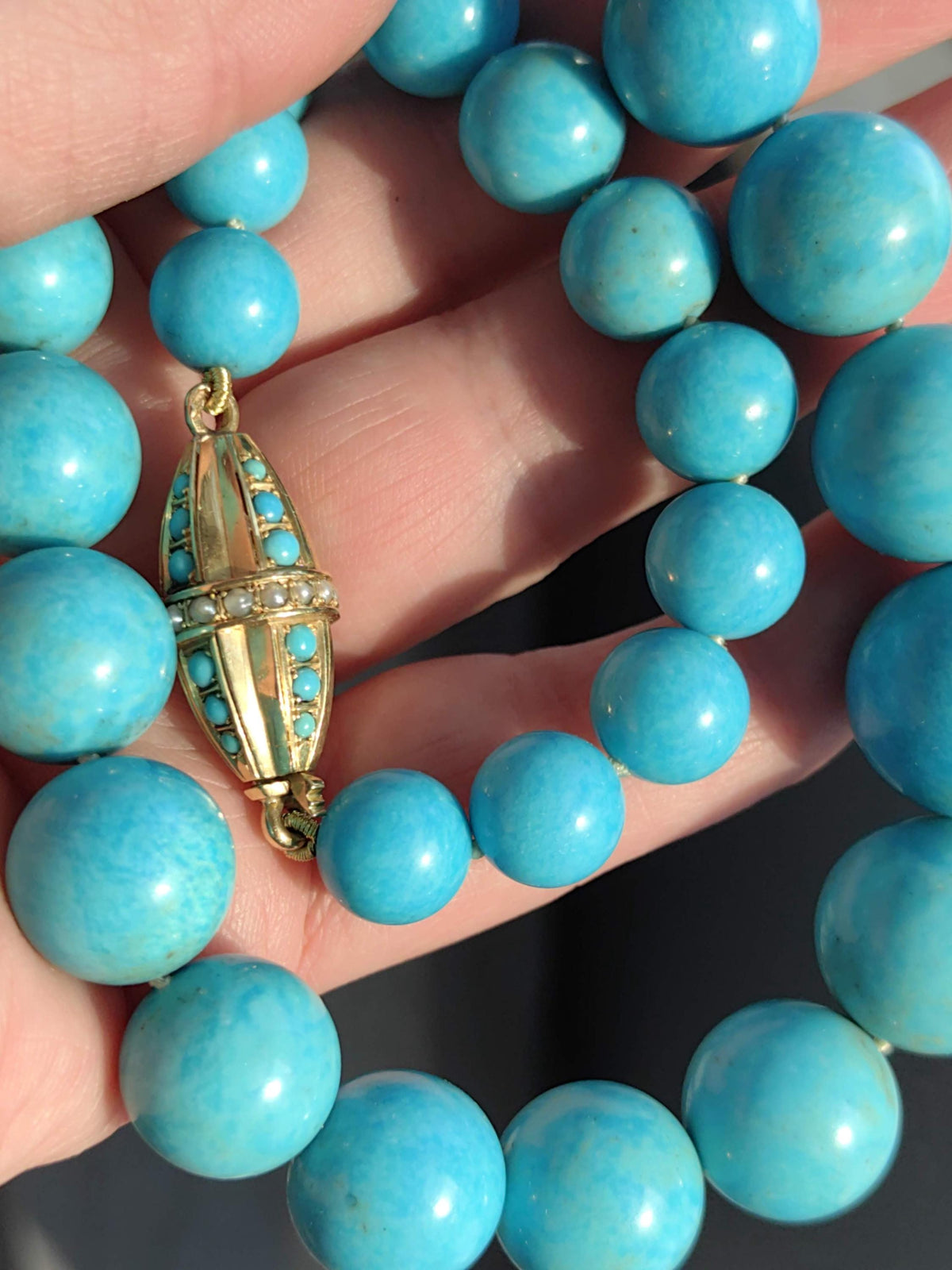Art Deco 1920s Solid 18k Yellow Gold Natural Turquoise Large Statement Necklace Antique Elegant Gift for Her Present