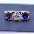 Art Deco 14k Gold Ring: .85ct Old European Cut Diamond & Sapphire