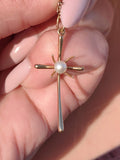 18k Gold Pearl Cross Pendant: Art Deco Christian Jewelry