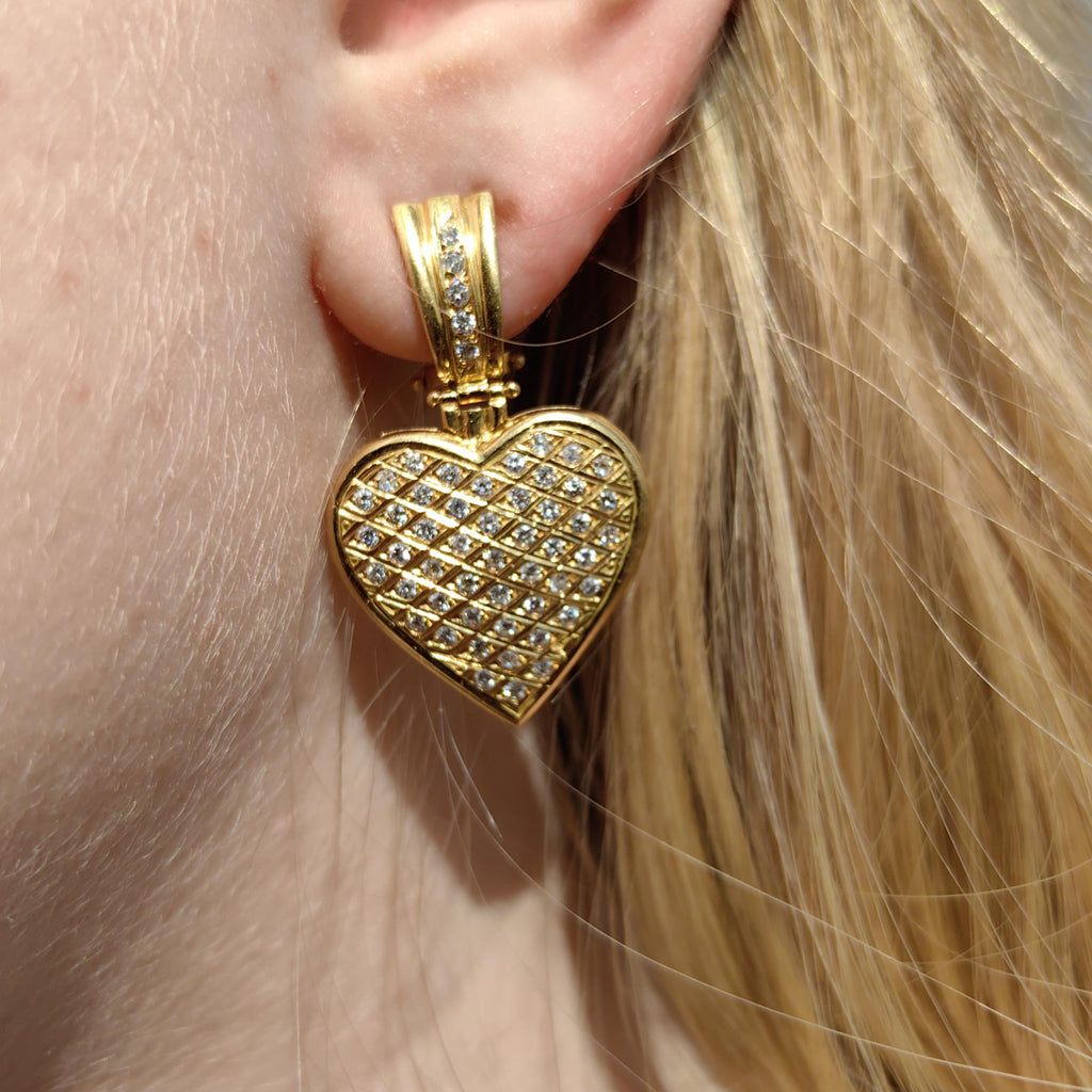 Antique Diamond Heart Earrings: 18k Yellow Gold Dangle Earrings