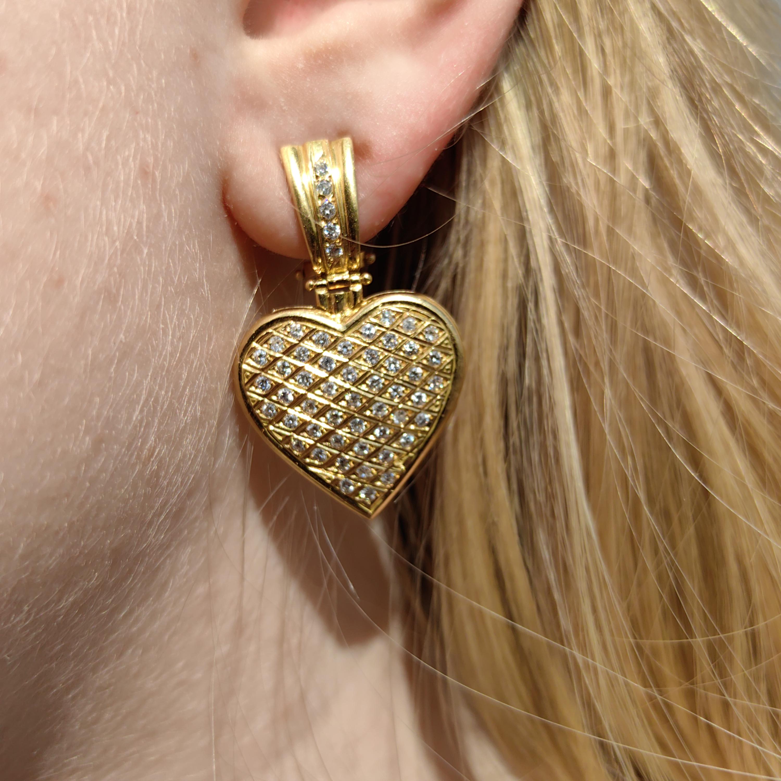 Antique Diamond Heart Earrings: 18k Yellow Gold Dangle Earrings