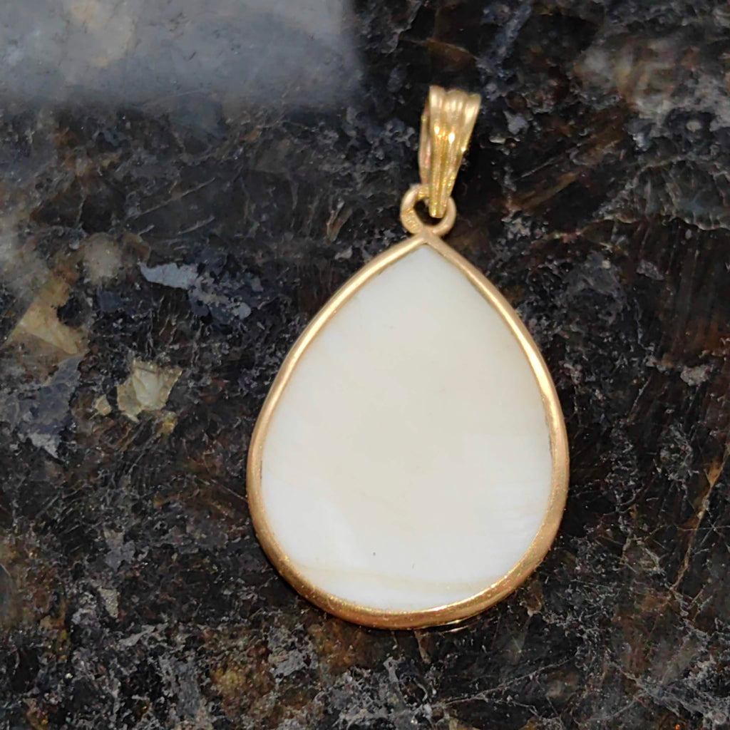 Antique Vintage 1940s Late Art Deco Natural Mother of Pearl and 18k Gold Elegant Drop Shaped Statement  Retro Pendant Gift for Her