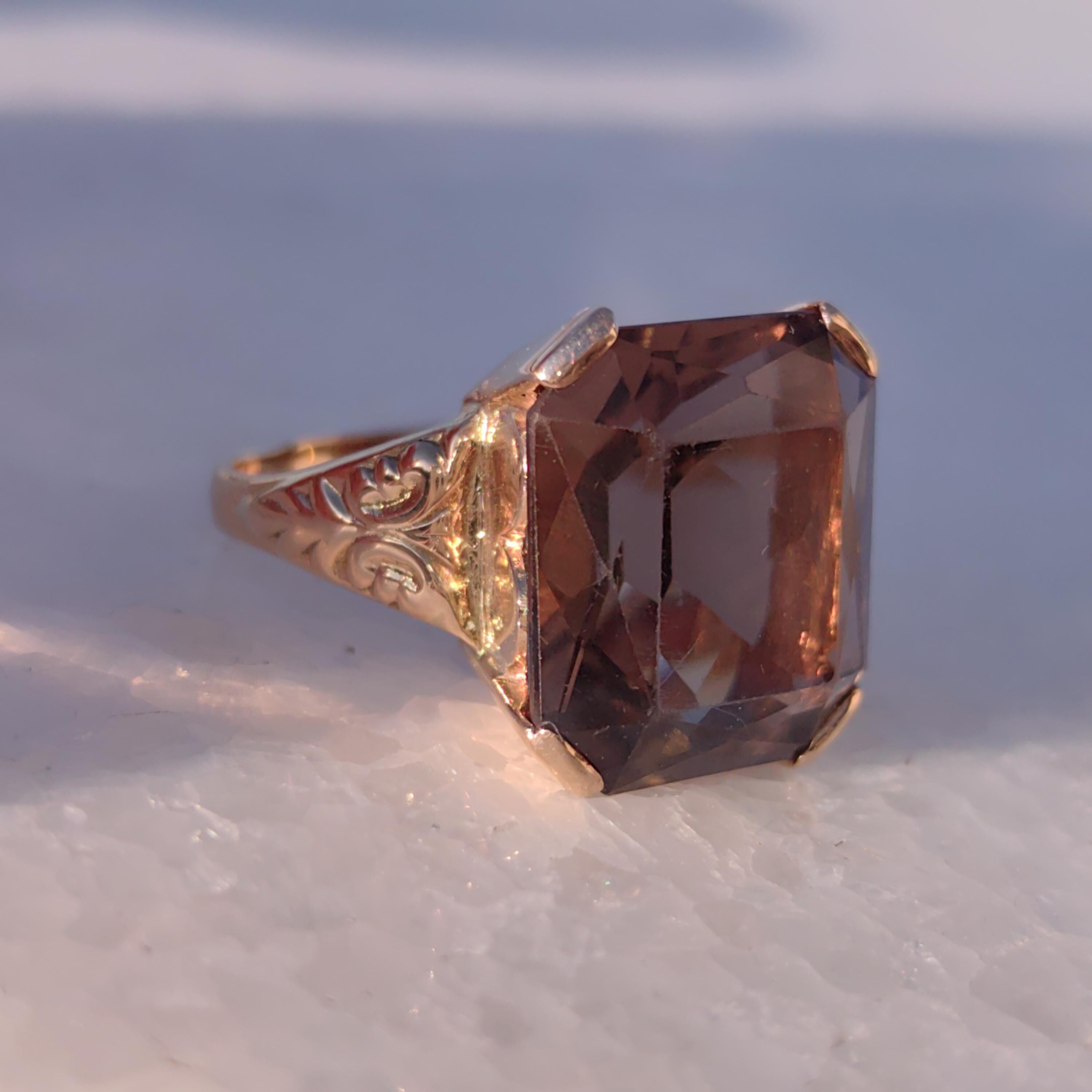 Smoky Topaz Art Deco Ring: 14k Yellow Gold, 1940s Statement