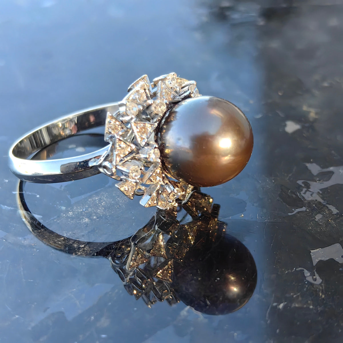 Vintage 1960s Tahitian Pearl and Diamond 18k White Gold Ring