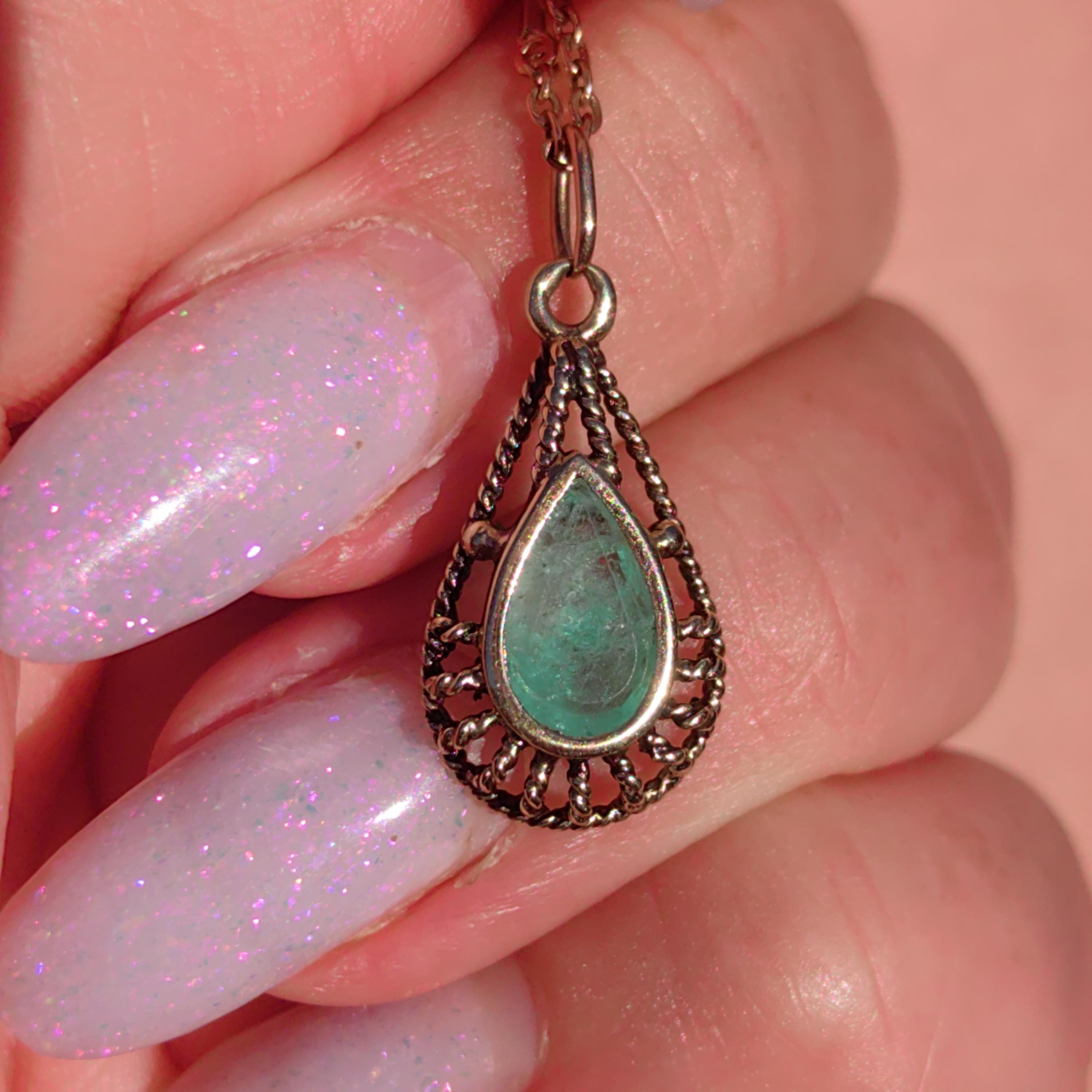 Art Deco Emerald Pendant: 14k Yellow Gold Filigree, Hand-Chiseled Floral Charm