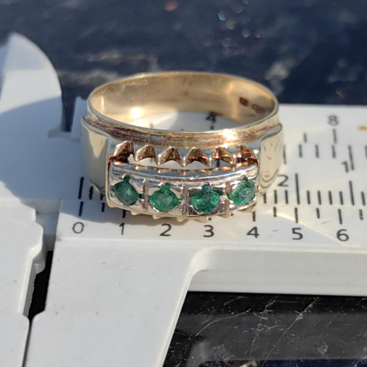 Original Mid century Antique Vintage Genuine Emerald Solid Yellow Gold and Silver Setting Elegant Stackable Band Ring