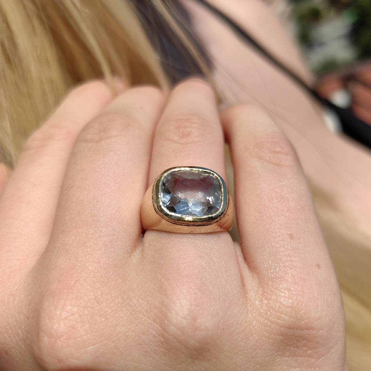 1940s Aquamarine 14k Yellow Gold Ring: Geometric Unisex Statement