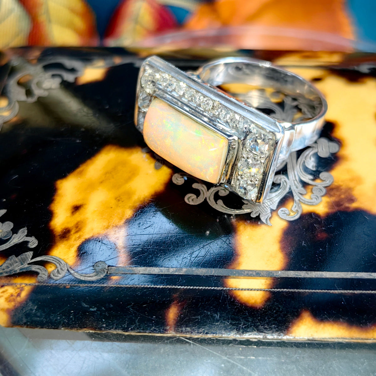 Art Deco Antique Vintage Diamond and Opal 14k White Gold Statement Ring