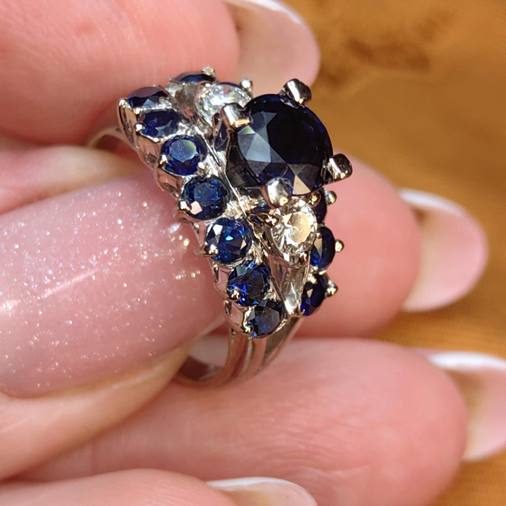 Vintage Mid-Century 18k White Gold Sapphire Diamond Ring