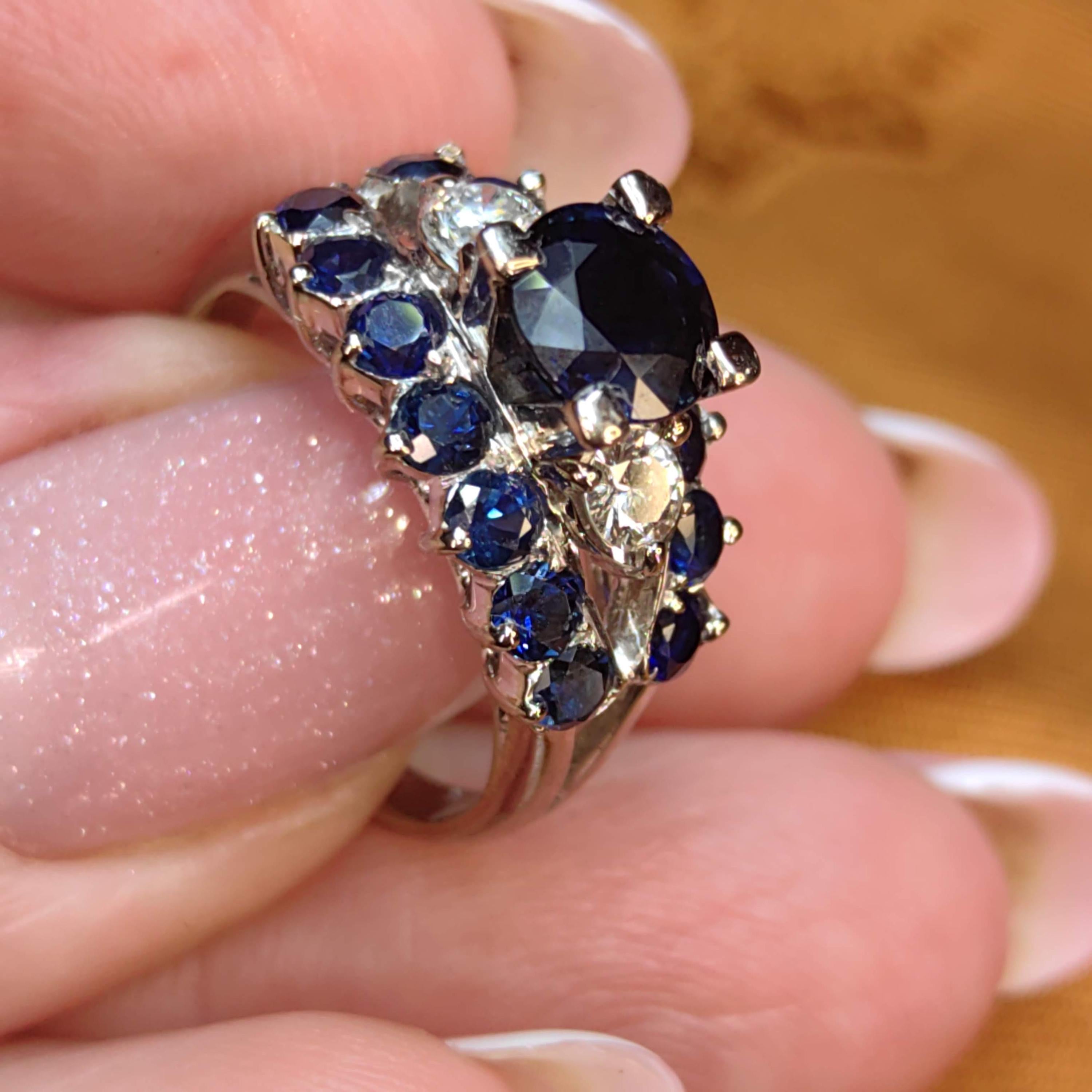 Vintage Mid-Century 18k White Gold Sapphire Diamond Ring