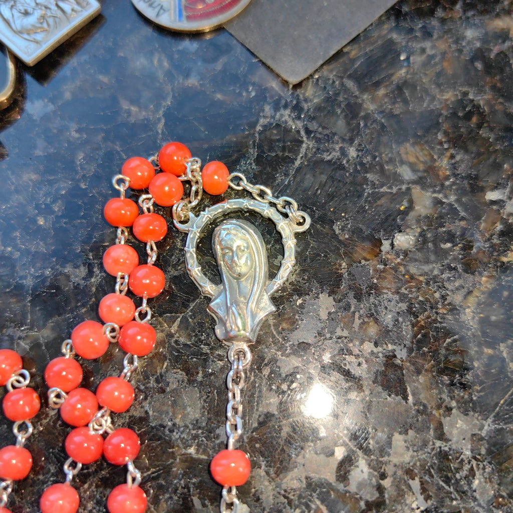1930s Antique Coral Rosary Necklace: Silver Madonna, Jesus on Cross