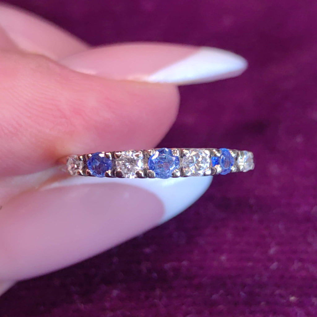 Vintage Sapphire Diamond Band 1950s Mid Century 18k White Gold Engagement Ring, Elegant Gift for Her Present Stackable Ring