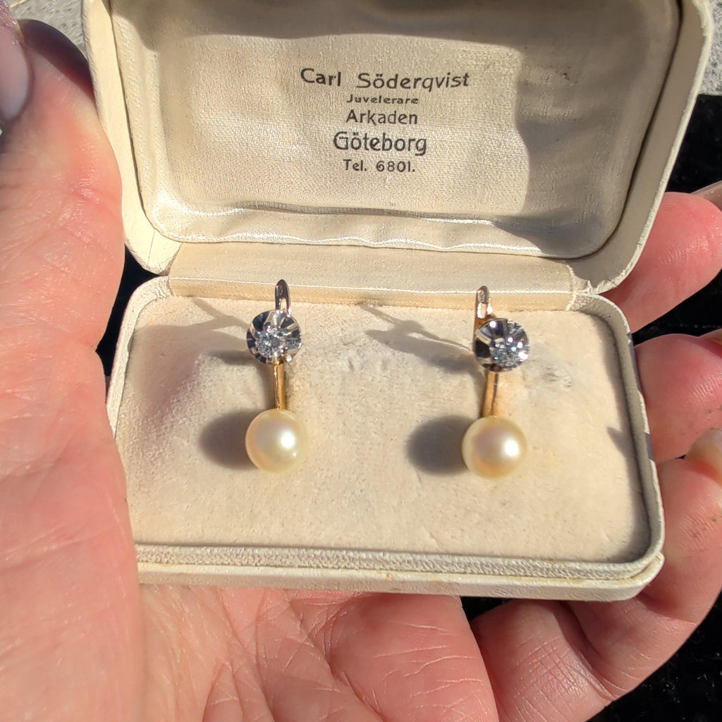 Natural Pearl and Diamond Solid 18k Solid Yellow Gold, Handmade Antique 1940s Elegant Earrings Gift for Her Present