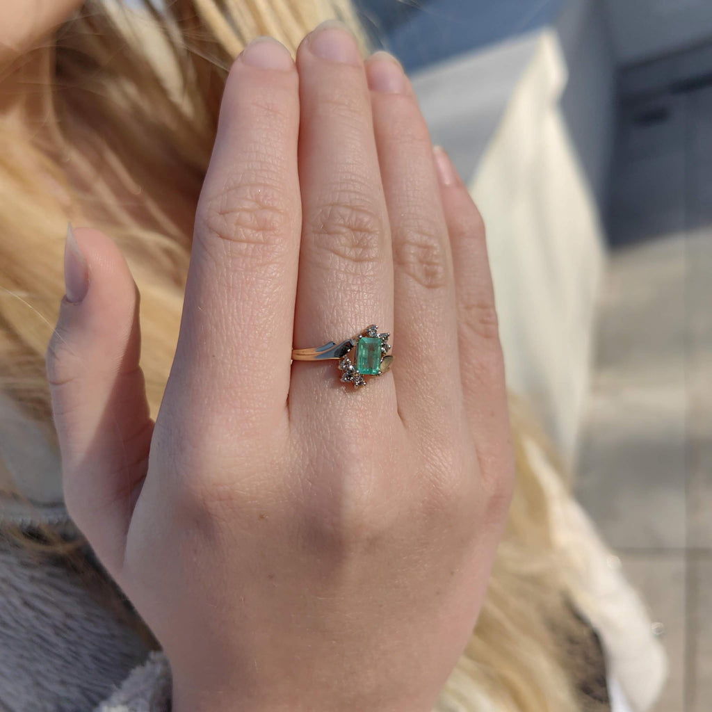 Vintage Square Green Natural Emerald Diamond 14k Solid Yellow Gold Antique Engagement Ring Dainty Stackable Band Gift for Her