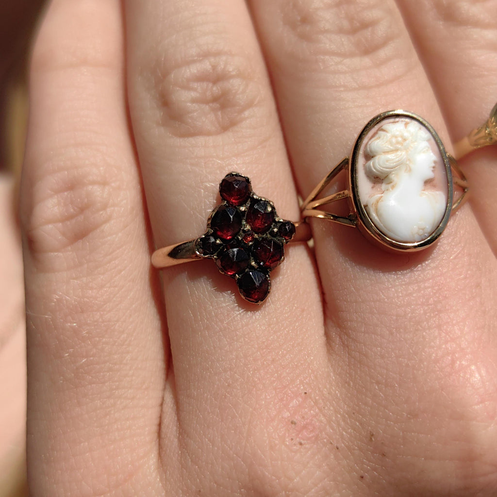 Antique 14k Yellow Gold Garnet Ring: Hand-Chiseled Floral Design
