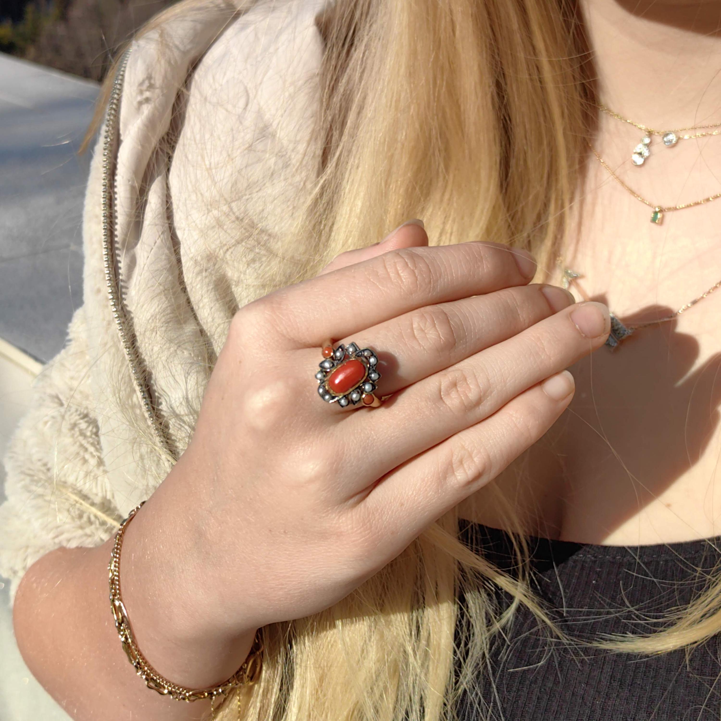 Art Deco 18k Solid Yellow Gold Bright Red Coral Gray Dainty Pearl Statement Ring Retro 1940s Geometric Ring Gift Present