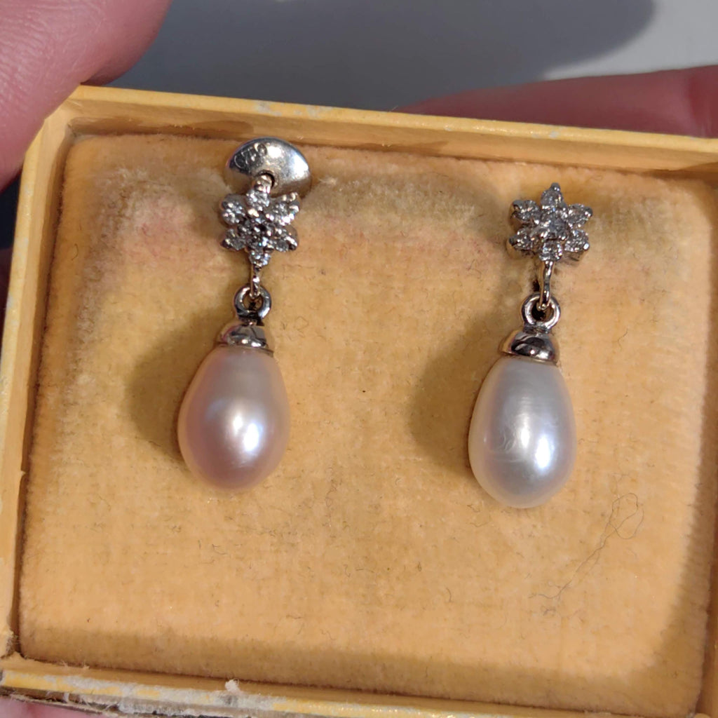 Vintage Diamond Pearl Drop Solid White 18k  Gold Dangle Elegant Dainty Earrings Gift for her wife romantic present Christmas birthday