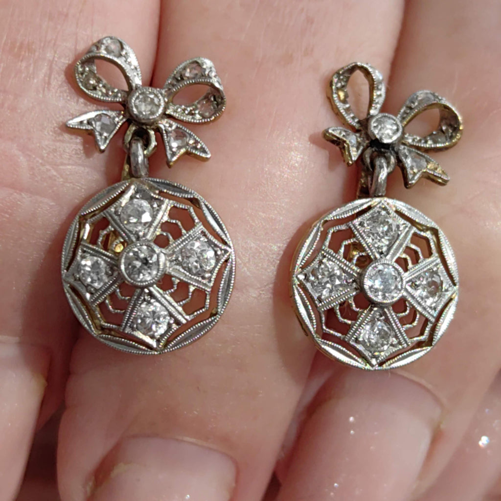 Art Deco Diamond Bow Earrings: 18k Gold Dangle Earrings, 1920s Vintage Style