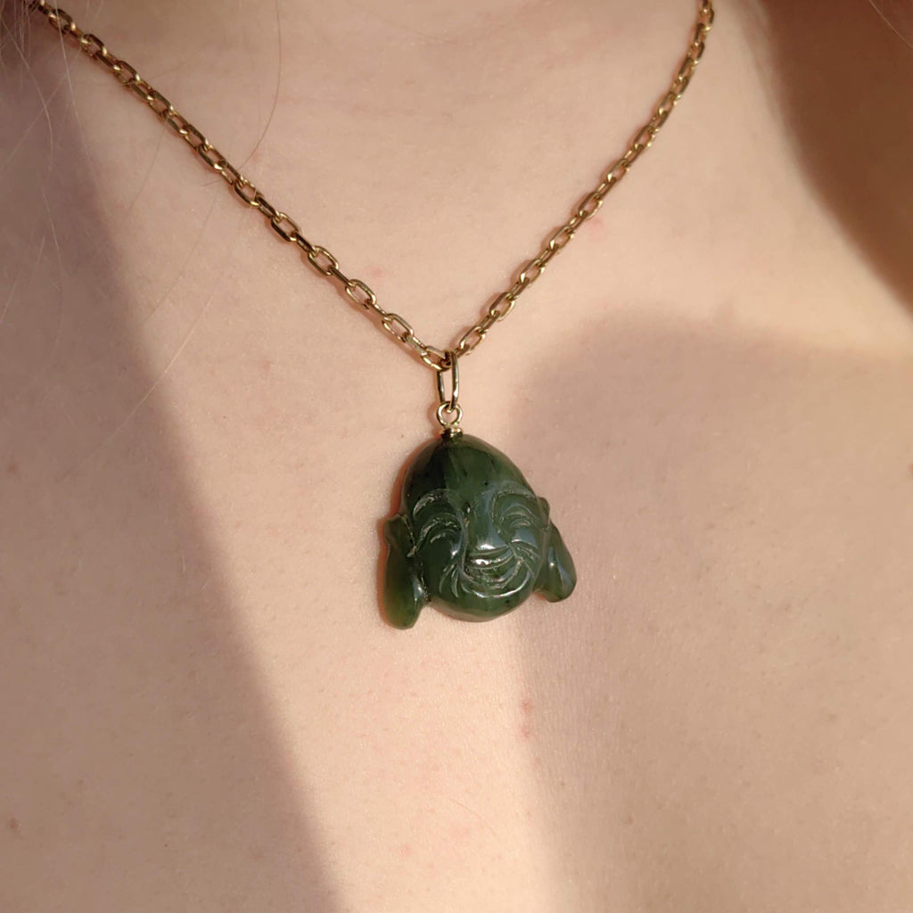 Hand Carved Natural Green Jade Buddha Buddhist Necklace Pendant 14k Solid Yellow  Gold Oriental Religious Spiritual Buddhist Charm Gift