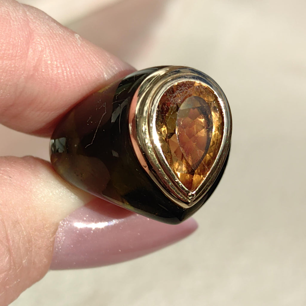 Golden Pear Citrine Ring 18k Yellow Gold Resin Band Statement Cocktail Ring