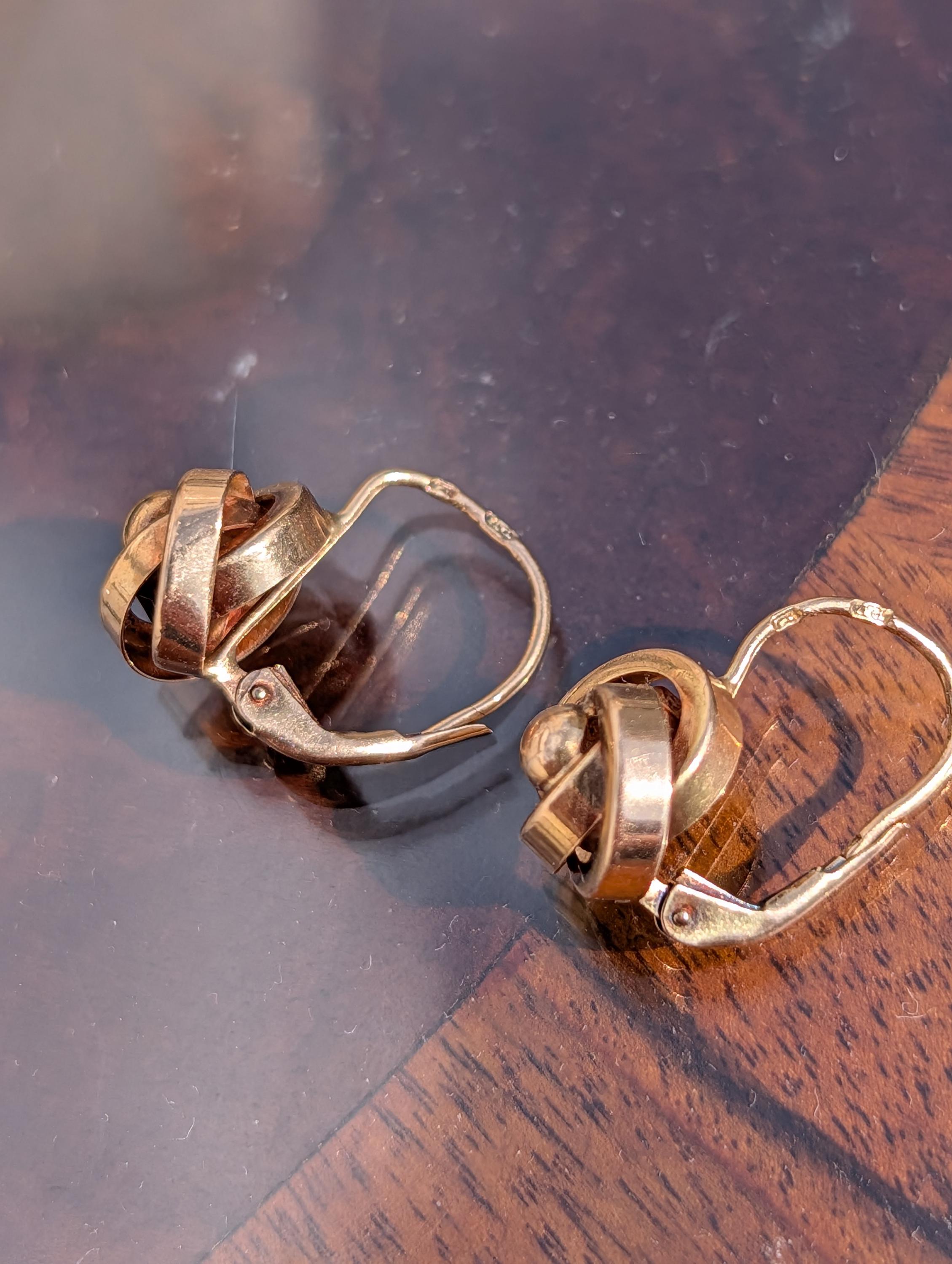 Vintage 14K Solid Yellow Rose Gold Love Knot Sleepers Dormouse Lever Back Closure Earrings Gift for Her Present