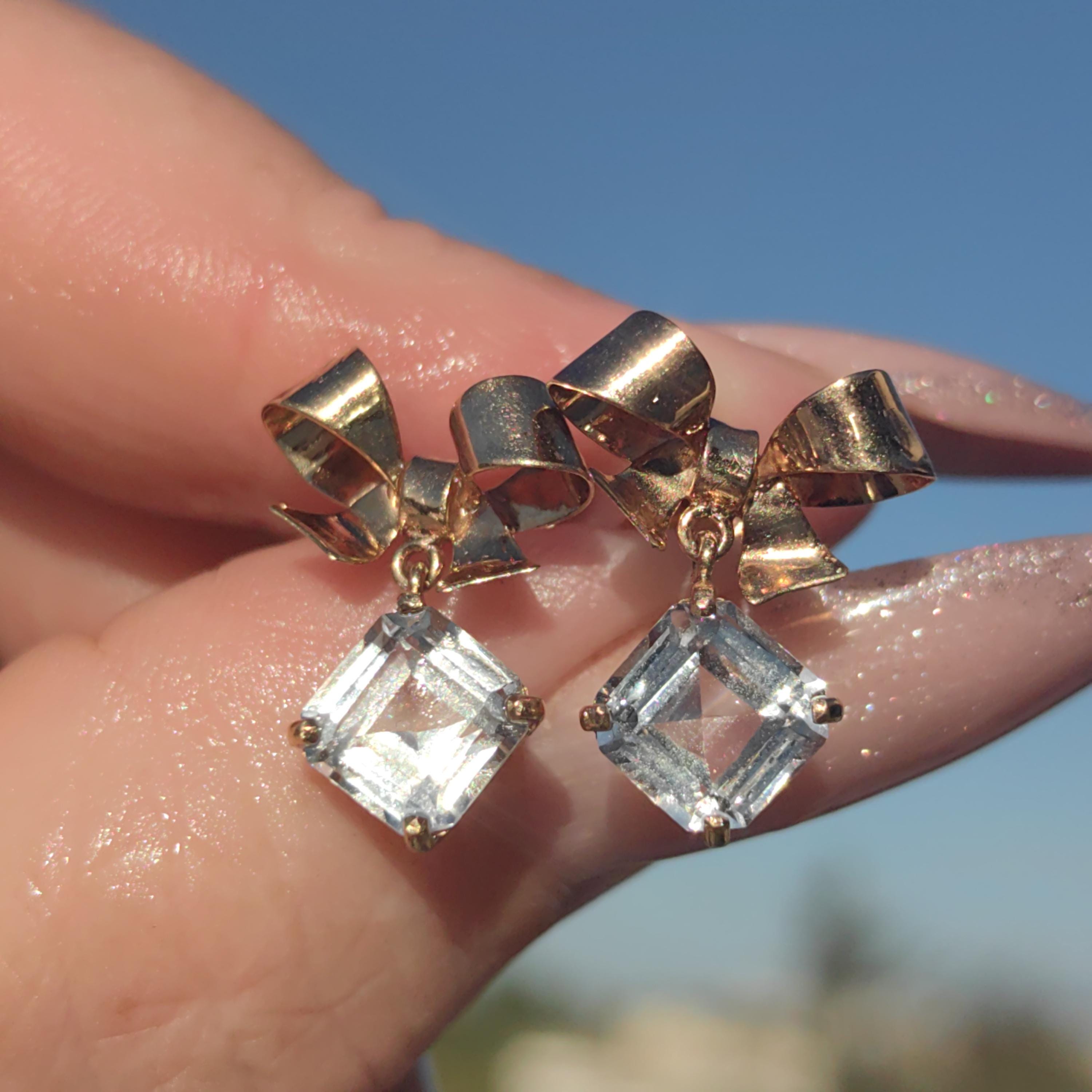 18k Solid Gold Cubic Zirconia Bow Dangle Stud Push Back Closure Elegant Vintage Antique Princess Cut Classic Solitaire Earrings Gift for Her