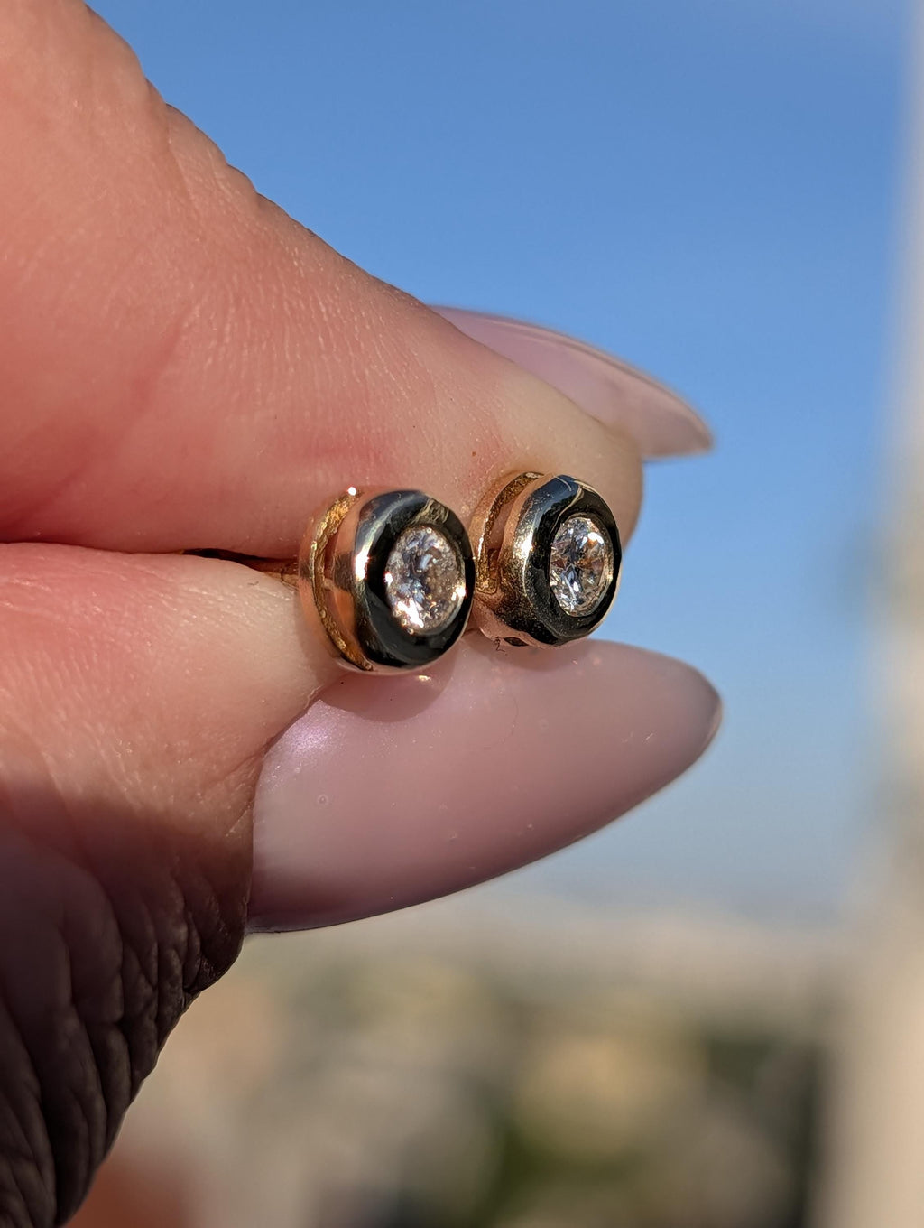 1980s Vintage Diamond Stud Earrings 14k 585 Yellow Gold, Bezel Set Solitaire Brilliant Cut push Back Gift for Her