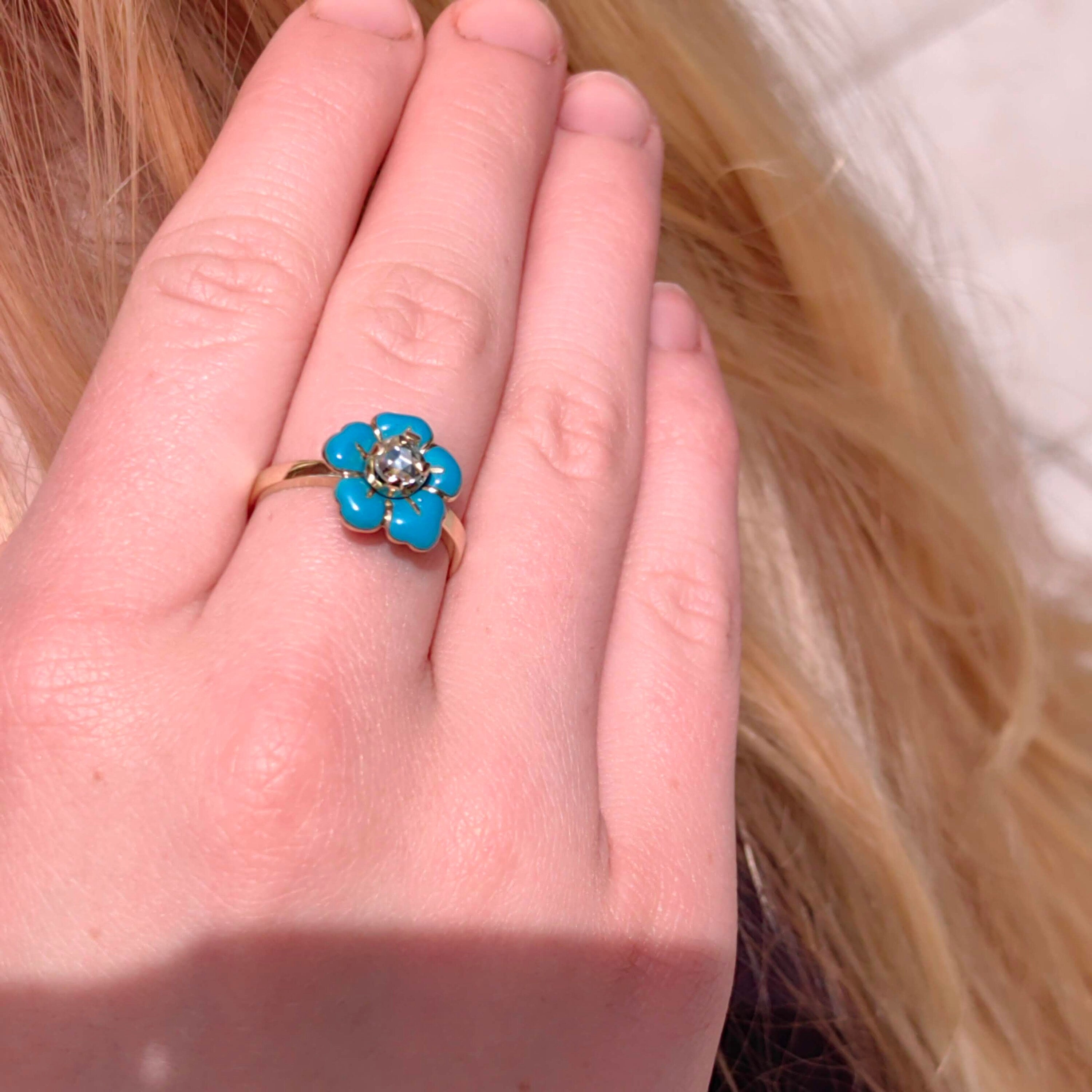 Victorian 14k Gold Diamond Ring: Turquoise Enamel Floral Design